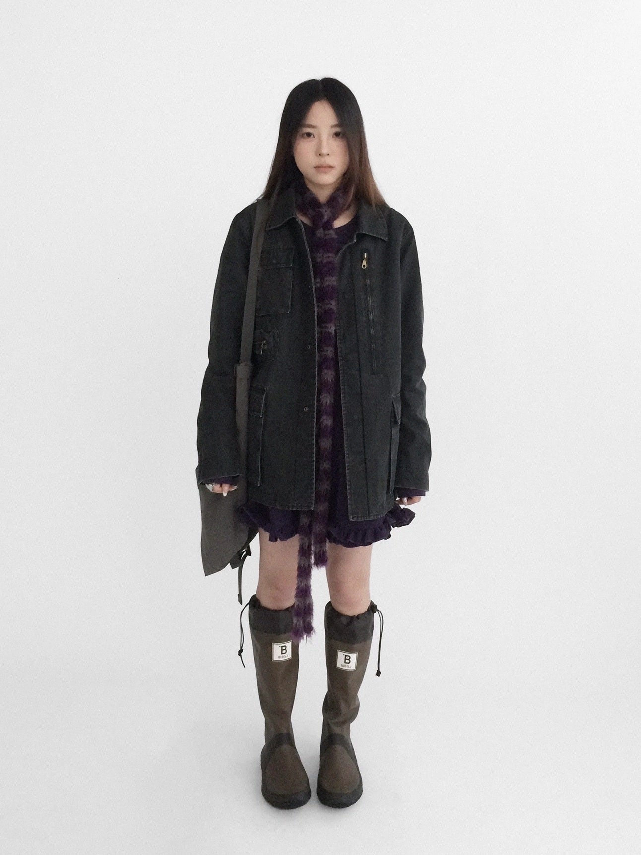 innomoood Versatile Commuter Polo Collar Single Button Washed Black Women Puffer Jacket