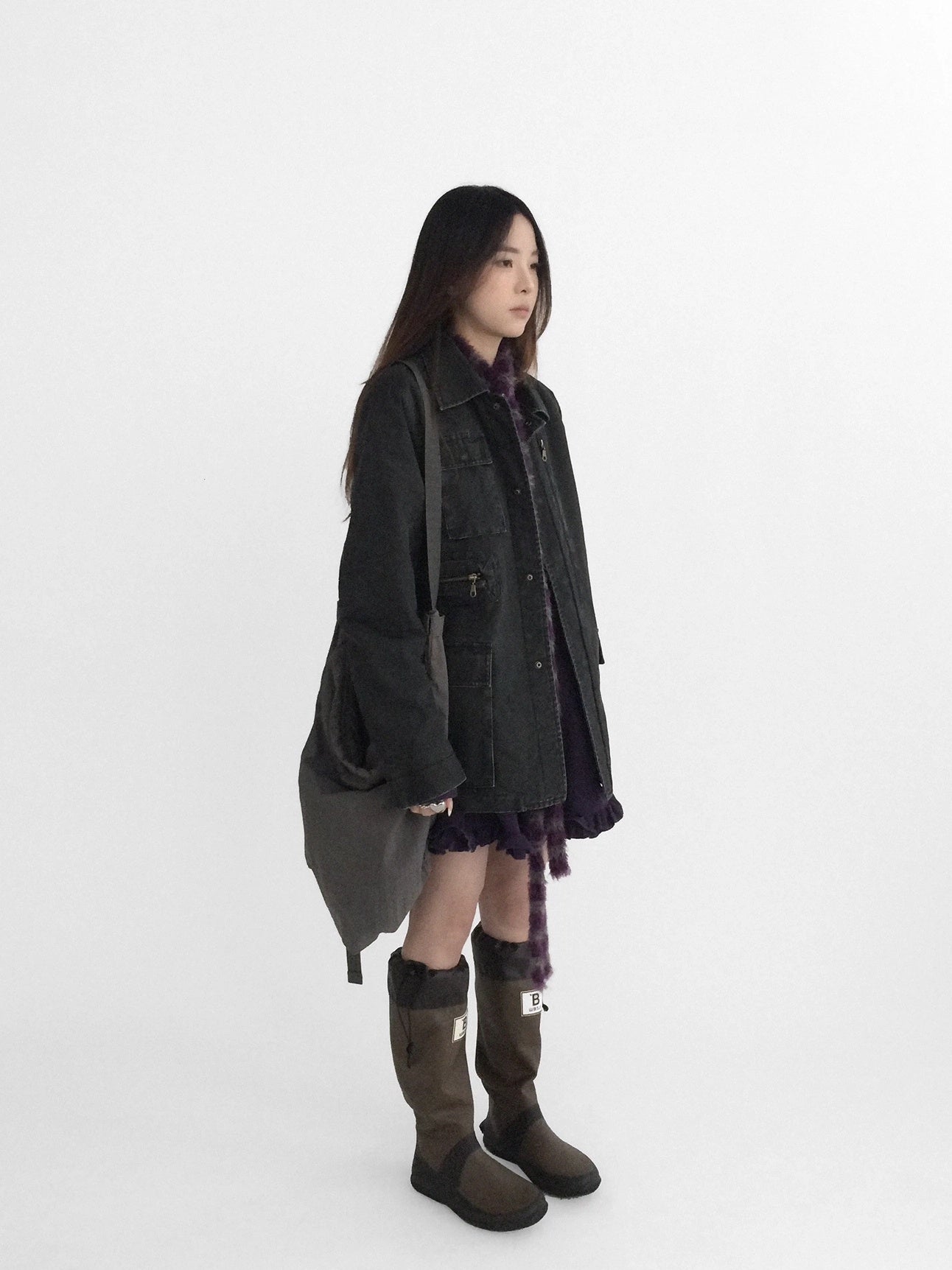 innomoood Versatile Commuter Polo Collar Single Button Washed Black Women Puffer Jacket