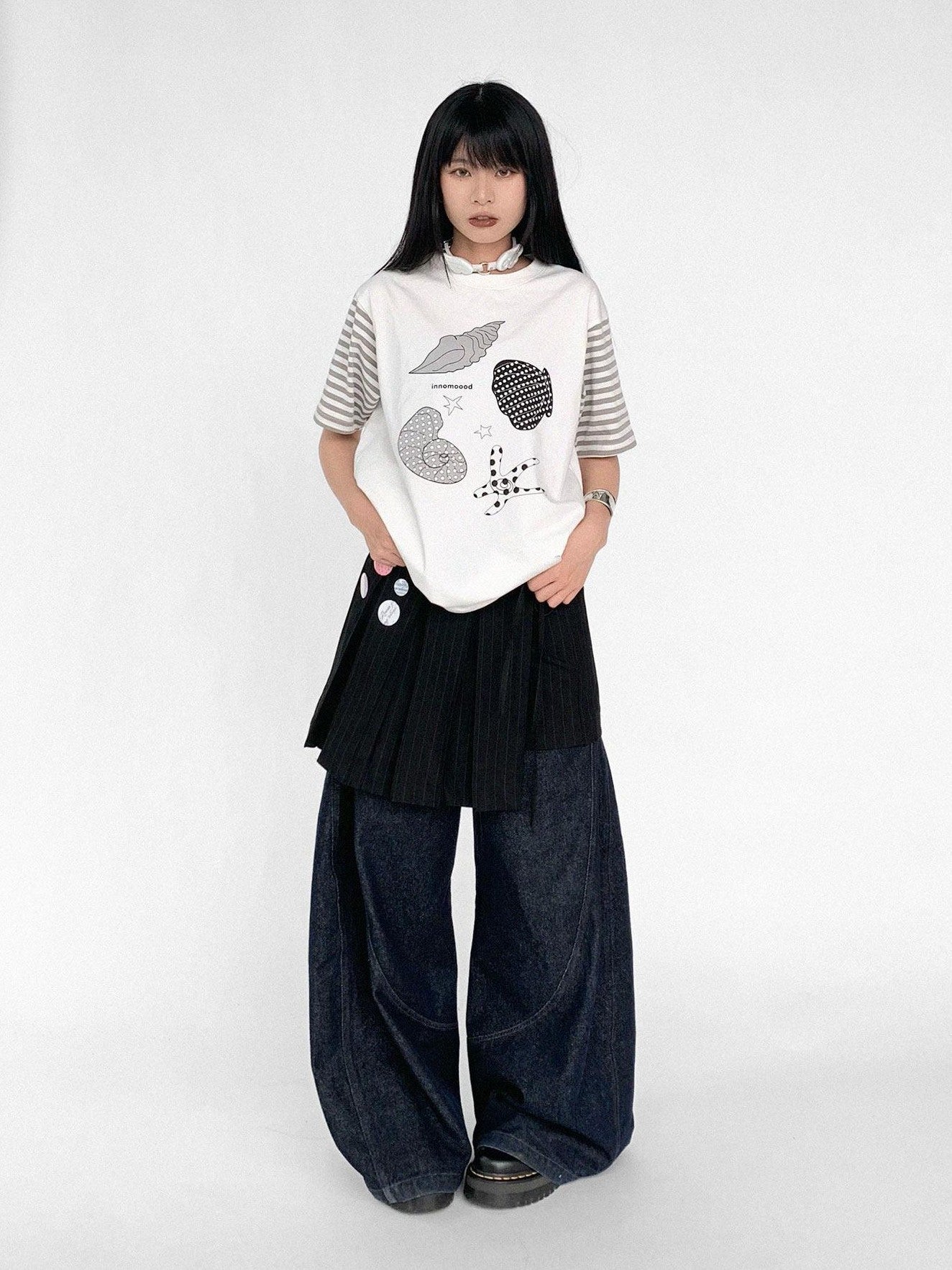 innomoood Vertical Stripe Pleated Tie Layered Women&