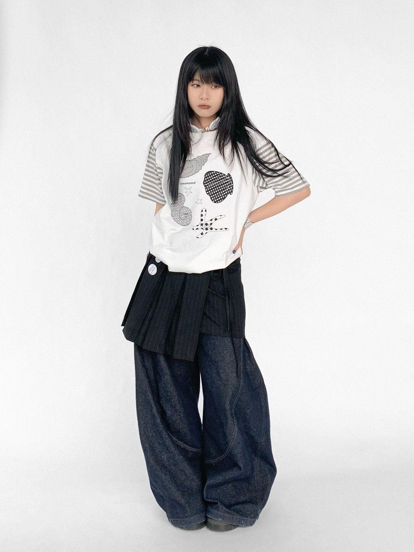 innomoood Vertical Stripe Pleated Tie Layered Women&