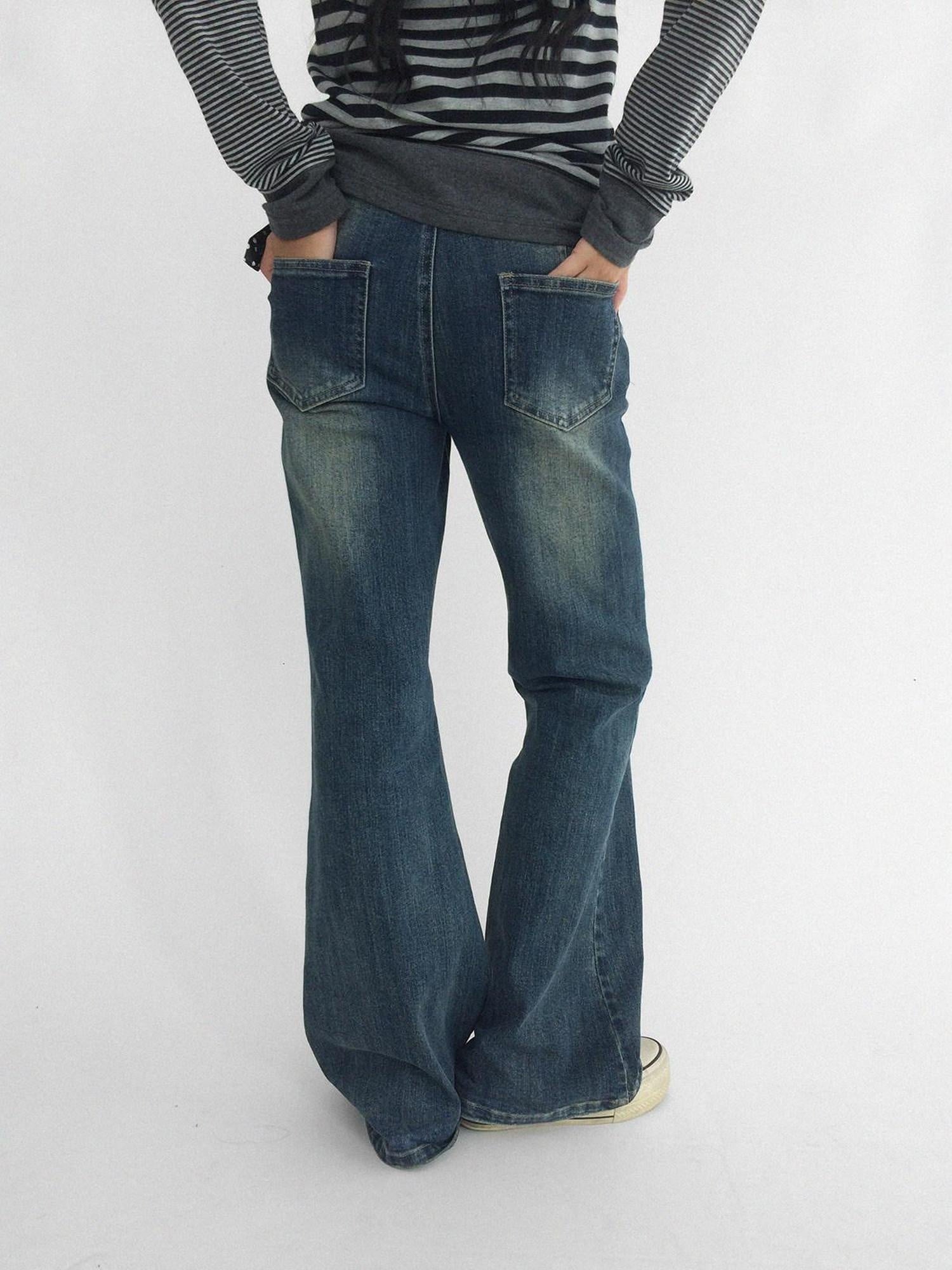 Vintage Distressed Low Rise Slim Stretch Women Denim Dirty Wash Blue Jeans