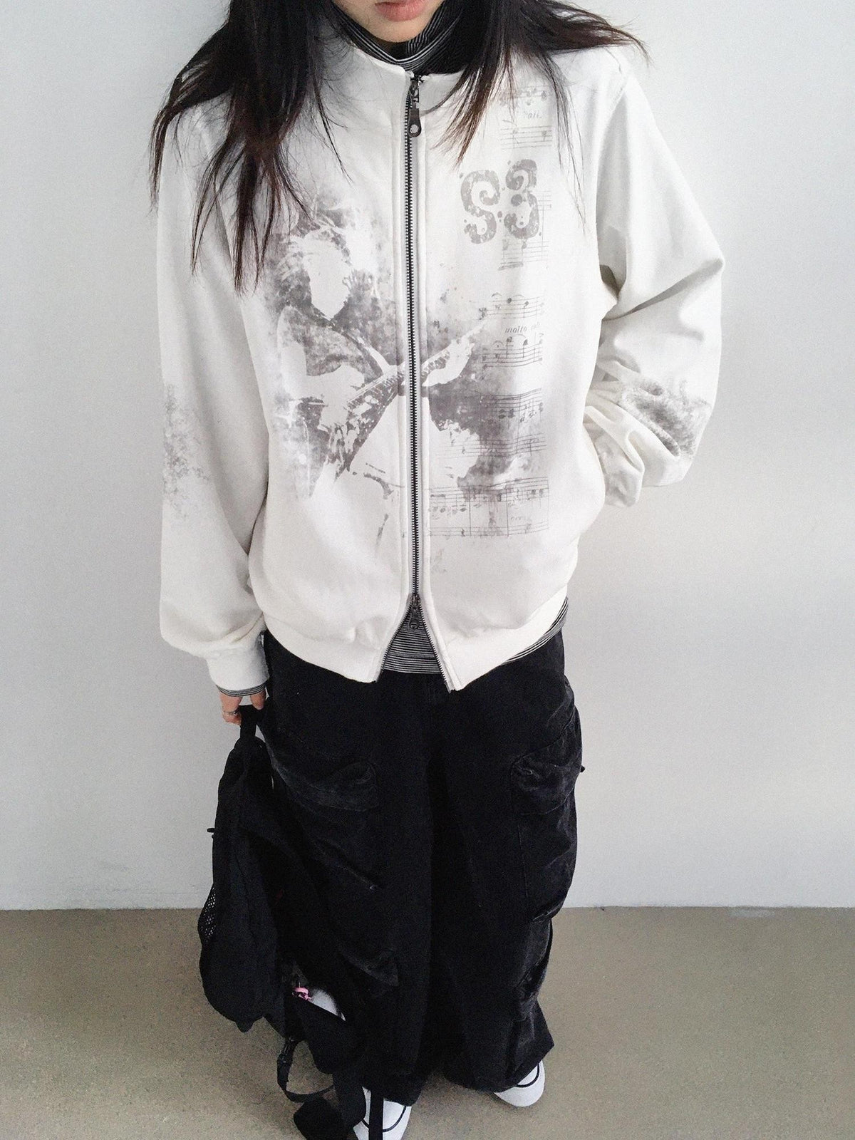 innomoood Vintage Sheet Music Print Stand Collar Raw Edge Women&