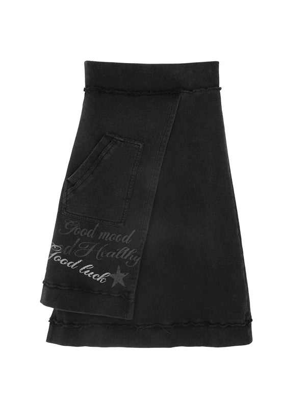 Vintage Washed Frayed Hem A Line Denim Skirt