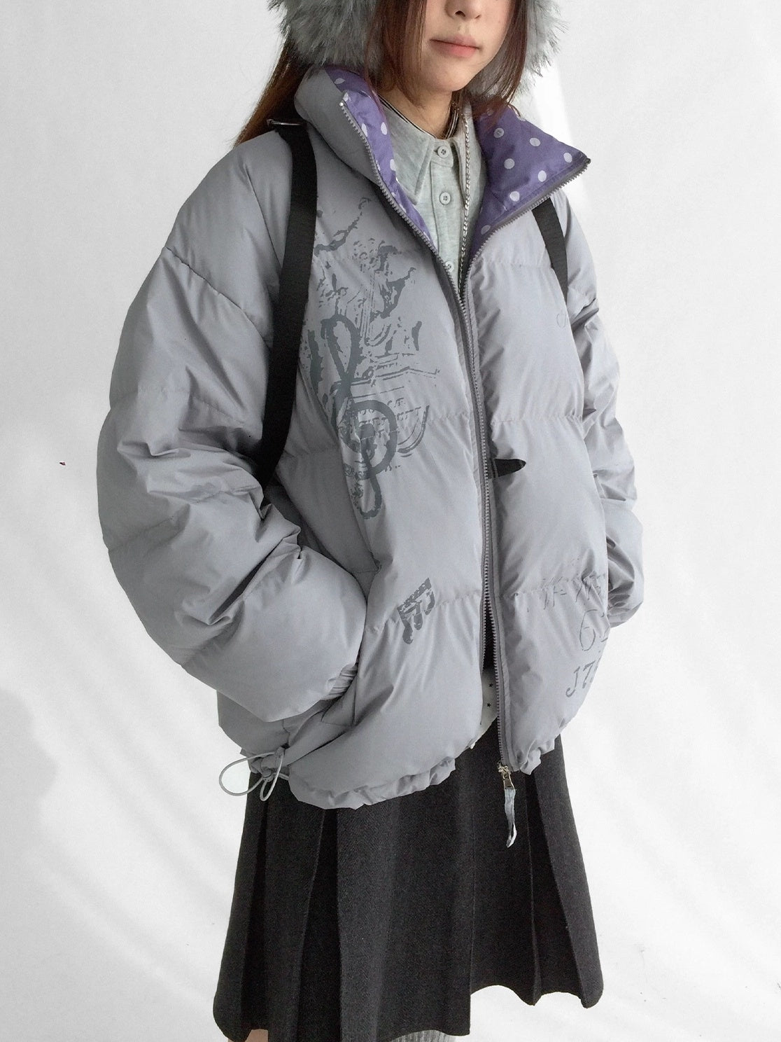 innomoood Warm 90 Percent Duck Down Reversible Polka Dot Loose Midlength Women Down Jacket