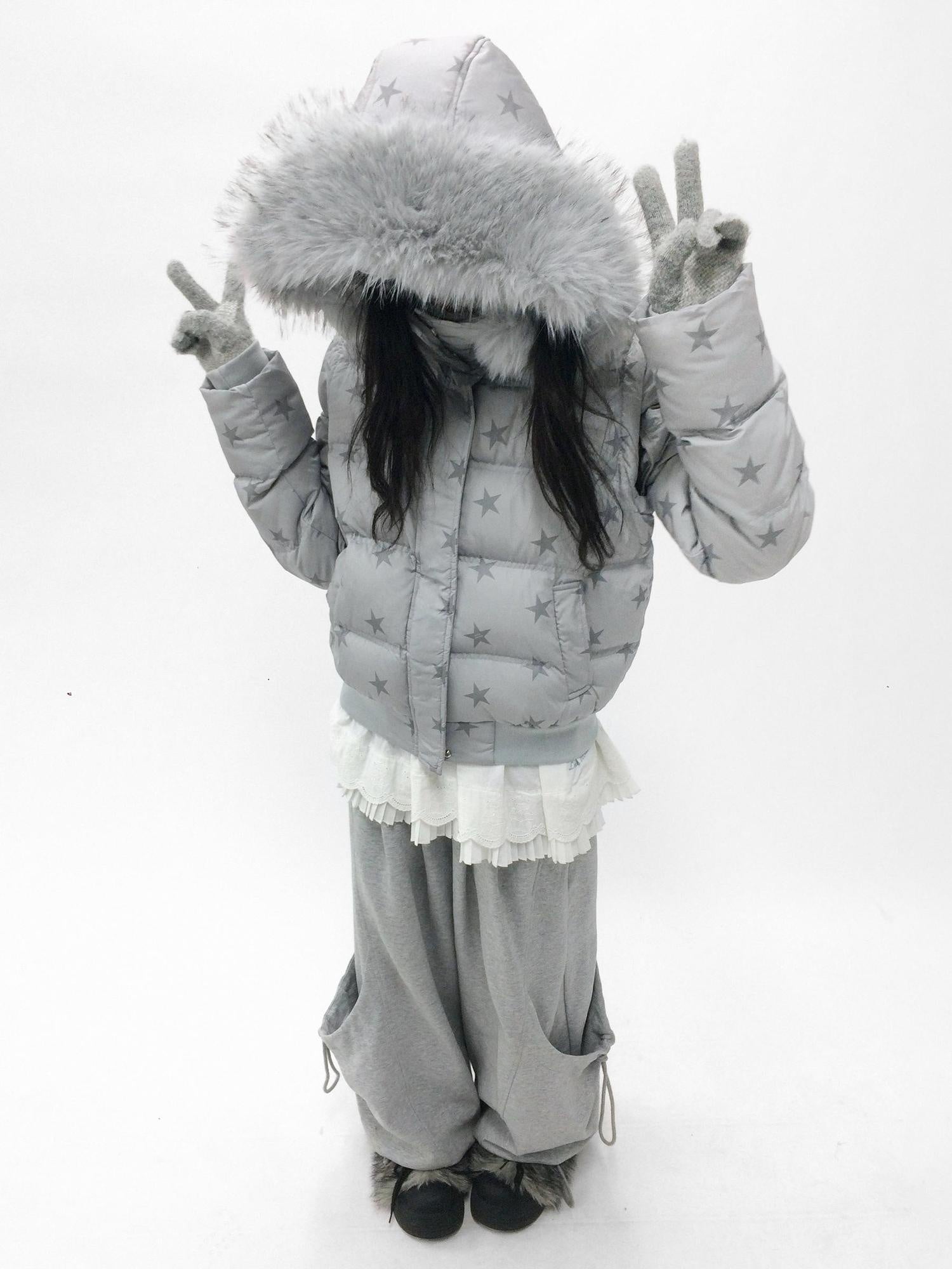innomoood Warm 90% White Duck Down Star Print Removable Hood Straight Zip Down Jacket