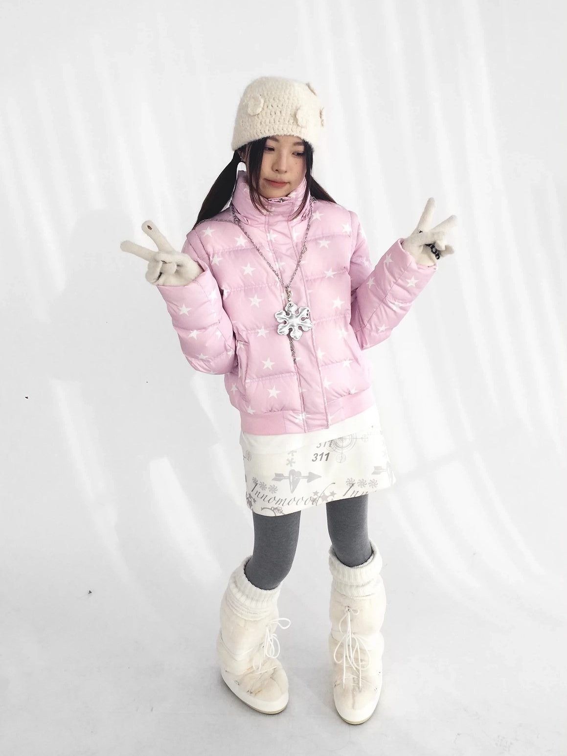 innomoood Warm 90% White Duck Down Star Print Removable Hood Straight Zip Down Jacket