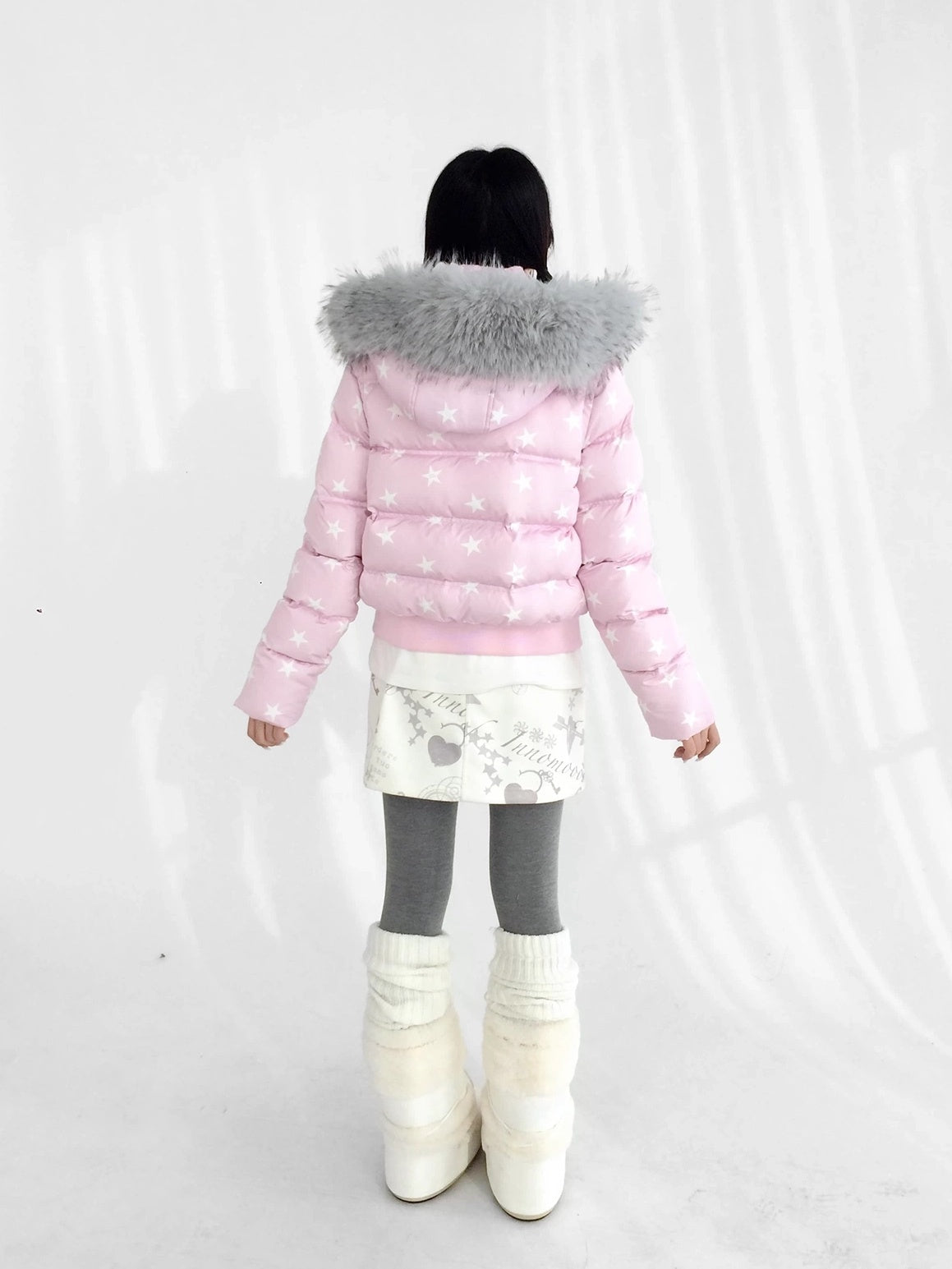 innomoood Warm 90% White Duck Down Star Print Removable Hood Straight Zip Down Jacket