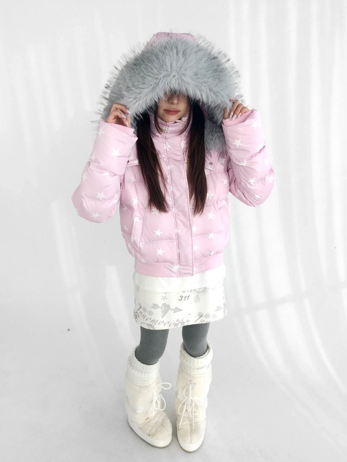 innomoood Warm 90% White Duck Down Star Print Removable Hood Straight Zip Down Jacket