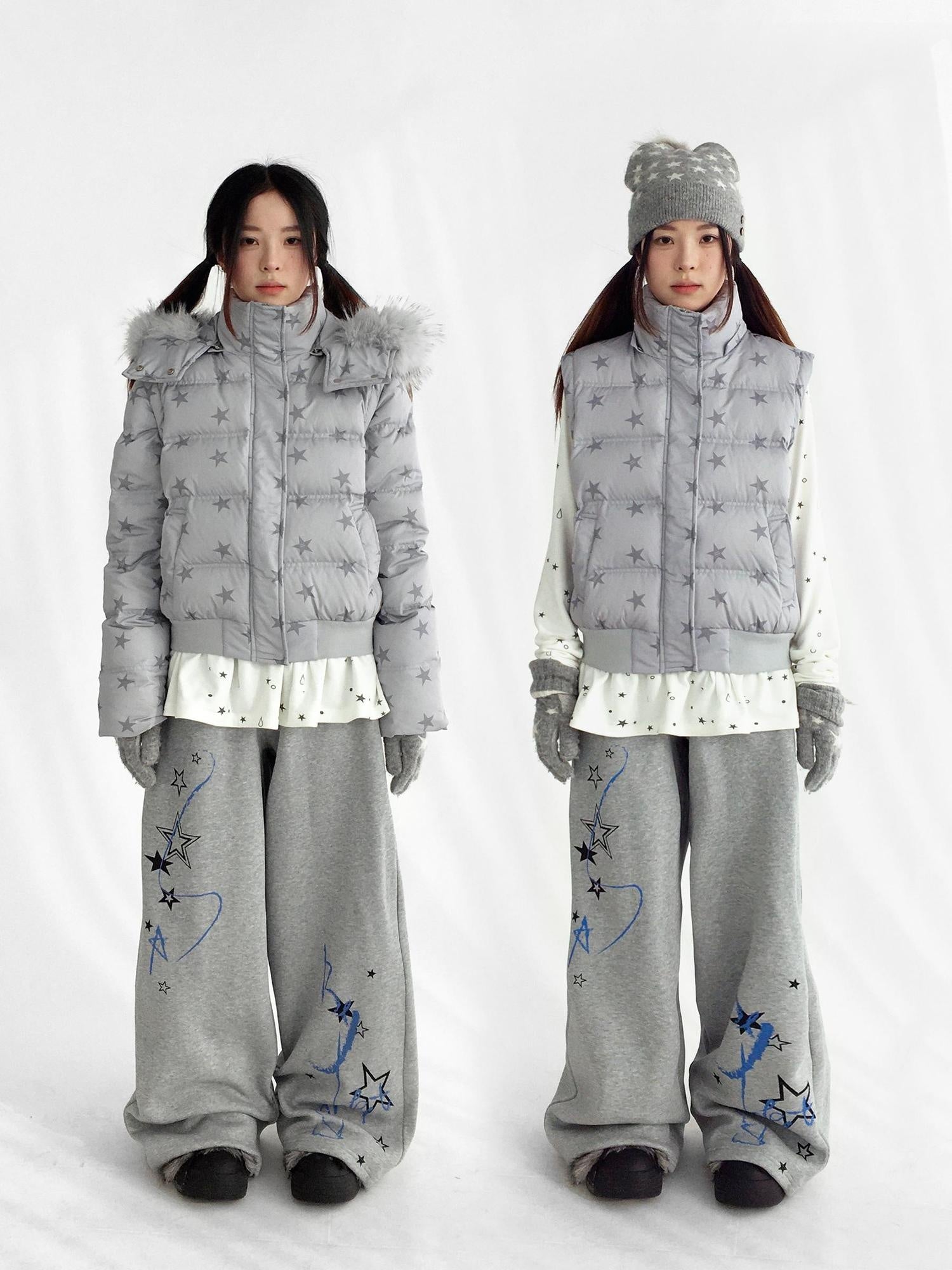 innomoood Warm 90% White Duck Down Star Print Removable Hood Straight Zip Down Jacket