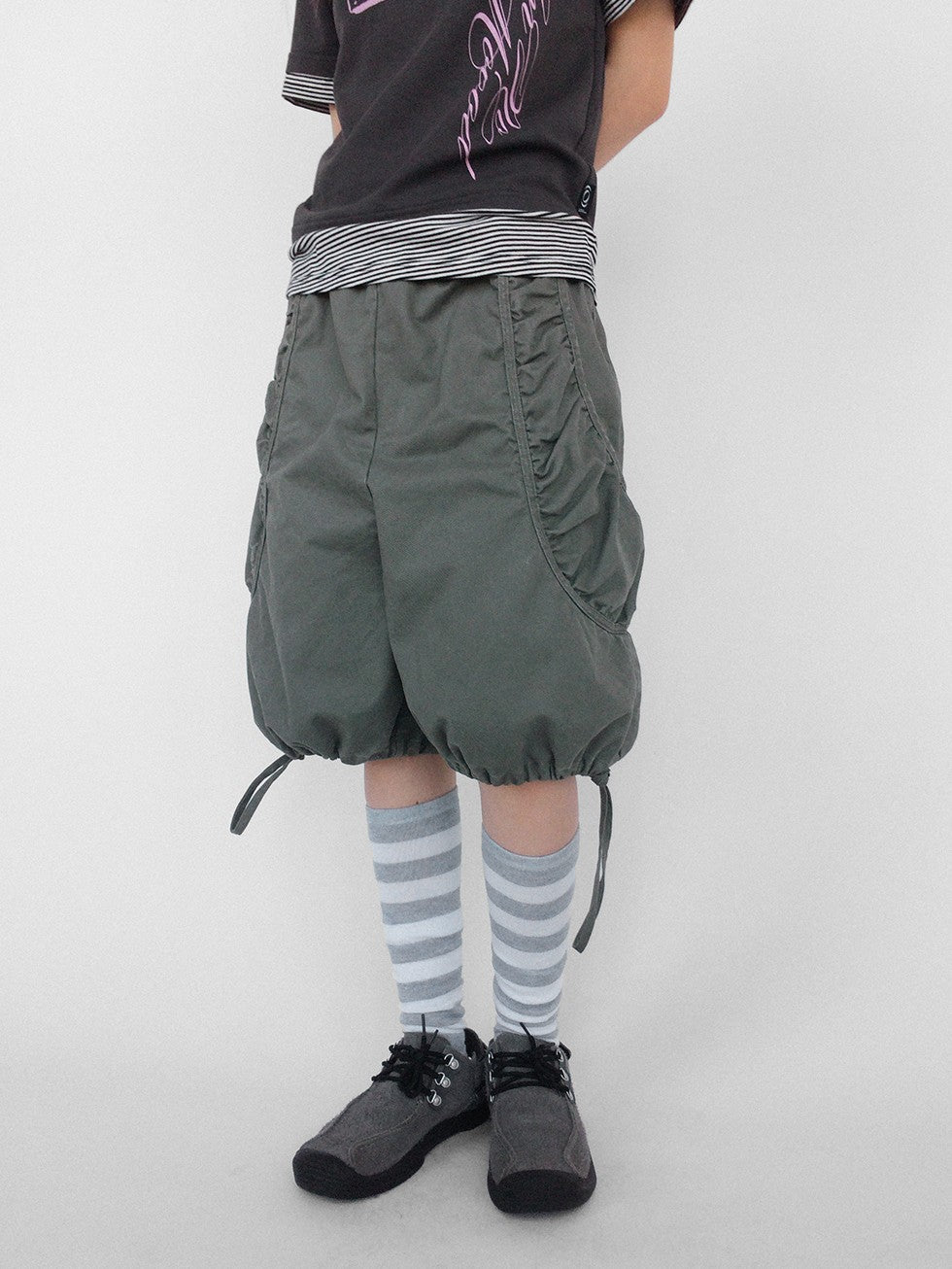 innomoood Washed Pleated Drawstring Wide Leg Cotton Women&
