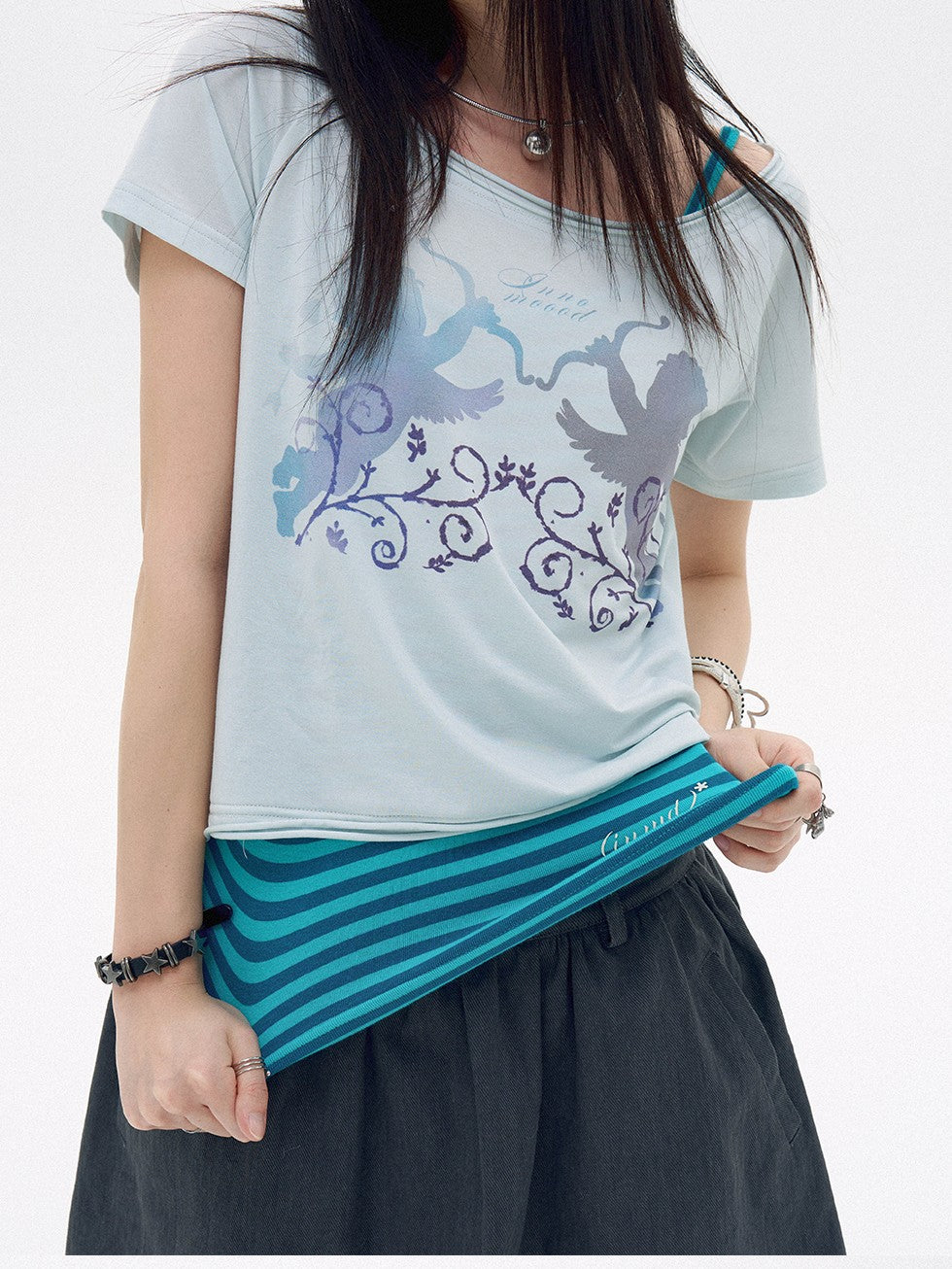 innomoood Water Blue Cherry Pink Printed Frayed Asymmetrical Women&