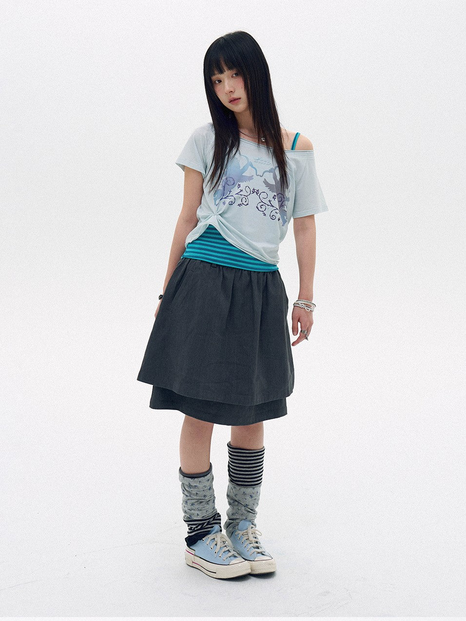 innomoood Water Blue Cherry Pink Printed Frayed Asymmetrical Women&