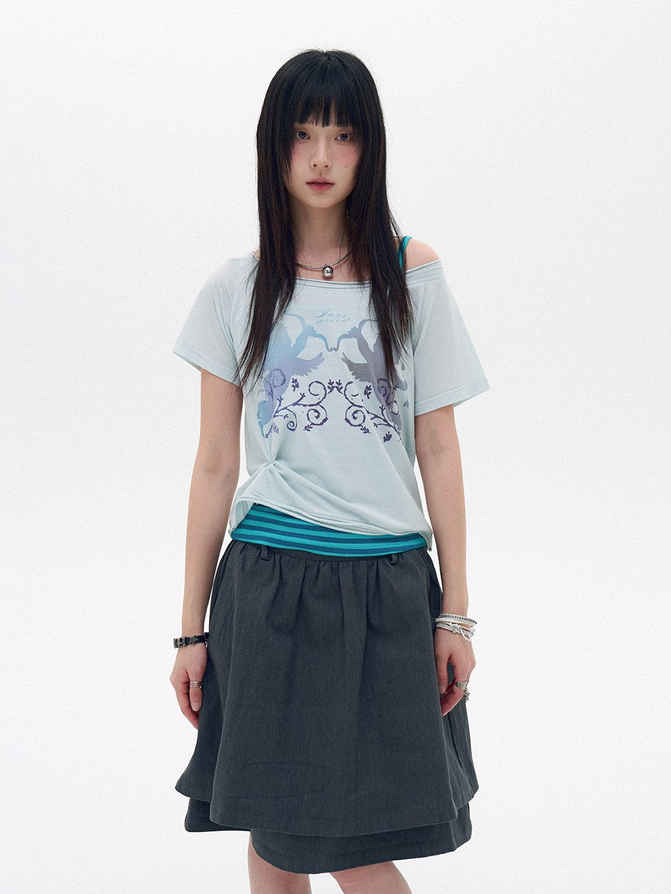 innomoood Water Blue Cherry Pink Printed Frayed Asymmetrical Women&