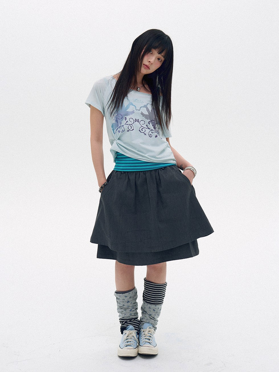innomoood Water Blue Cherry Pink Printed Frayed Asymmetrical Women&