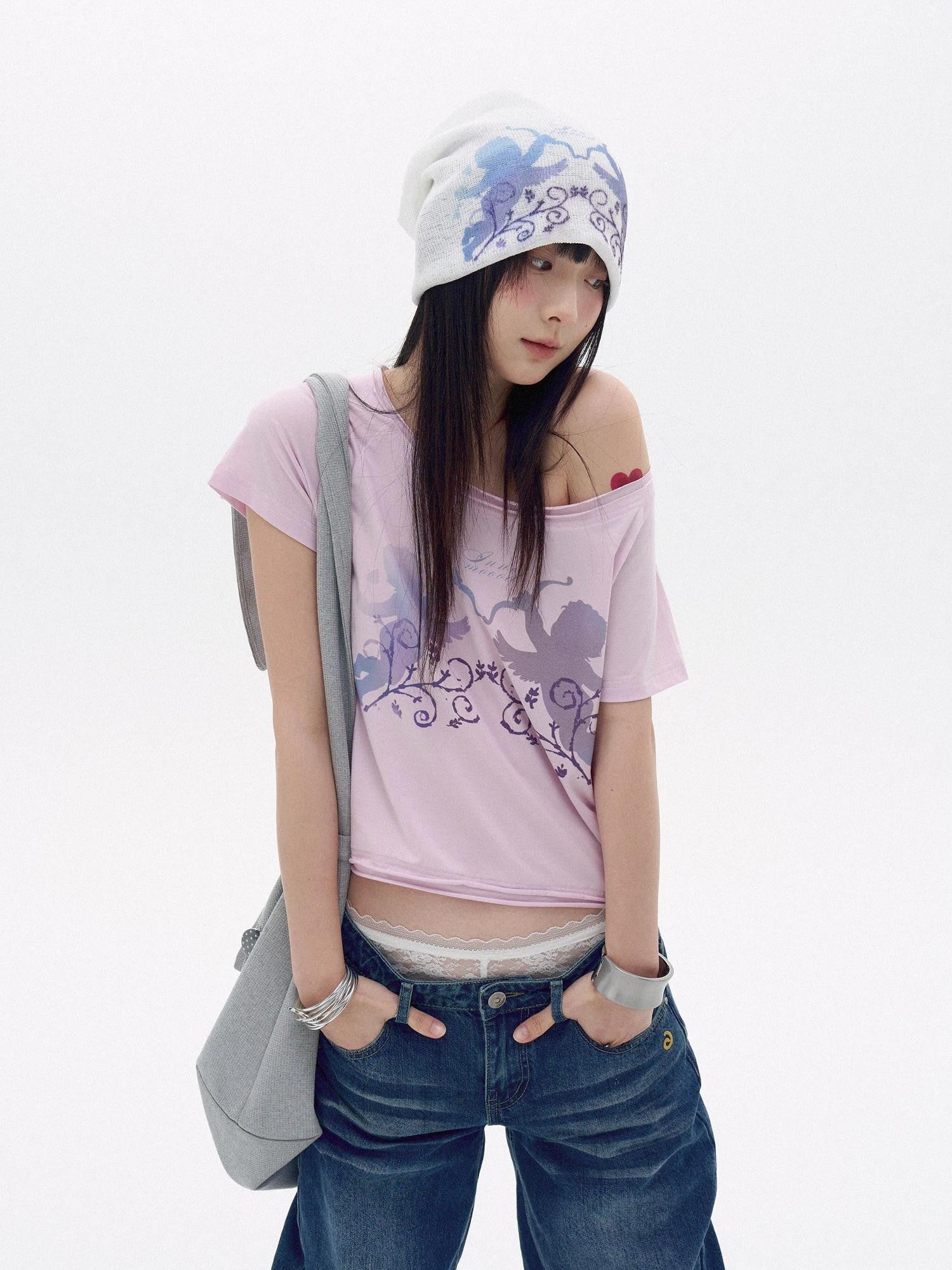 innomoood Water Blue Cherry Pink Printed Frayed Asymmetrical Women&