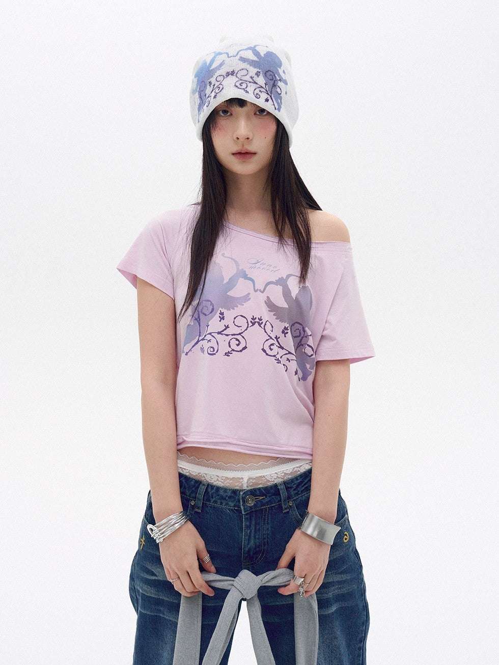 innomoood Water Blue Cherry Pink Printed Frayed Asymmetrical Women&
