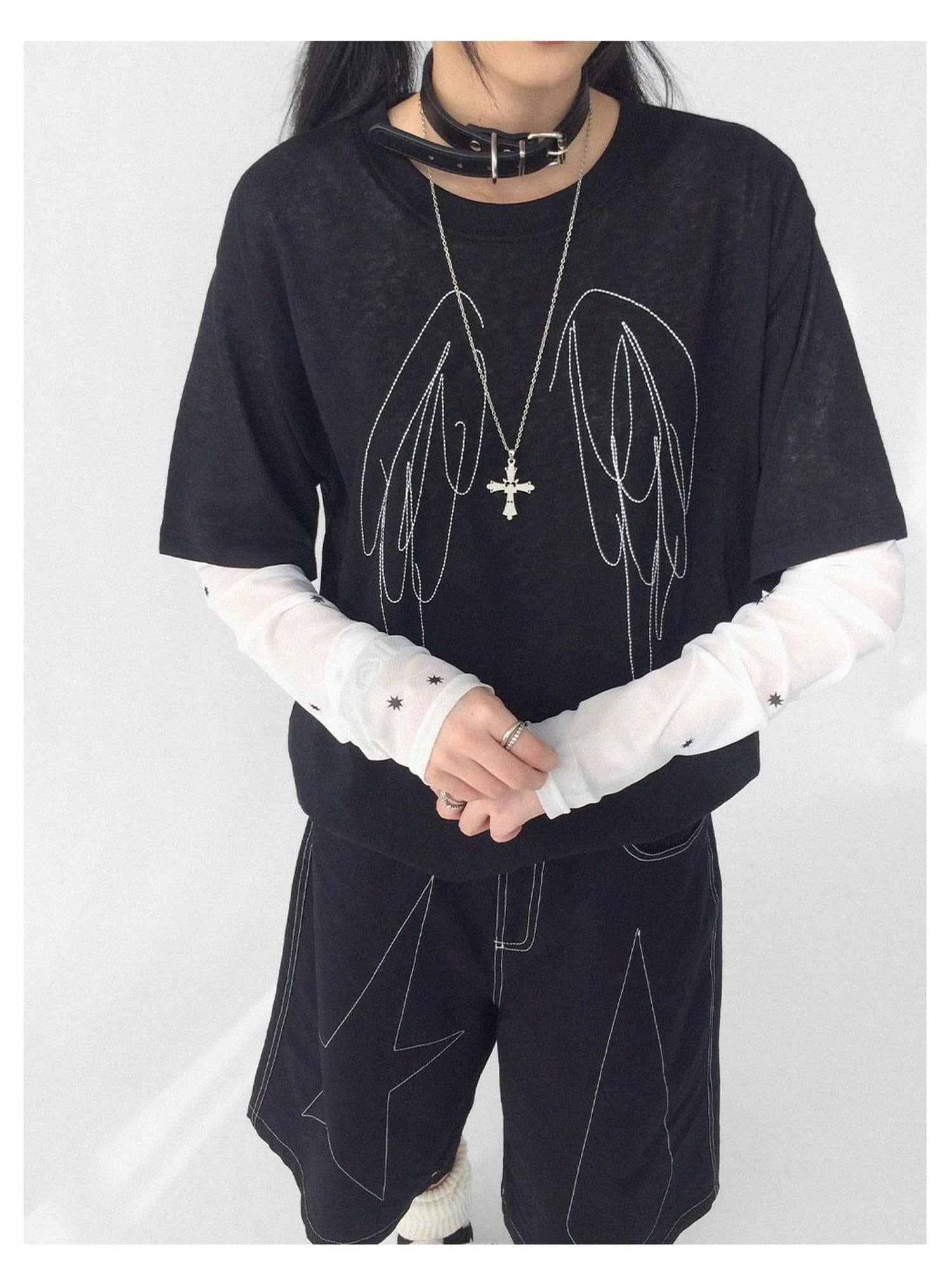 Wings Embroidered Y2K Print Layering Tee