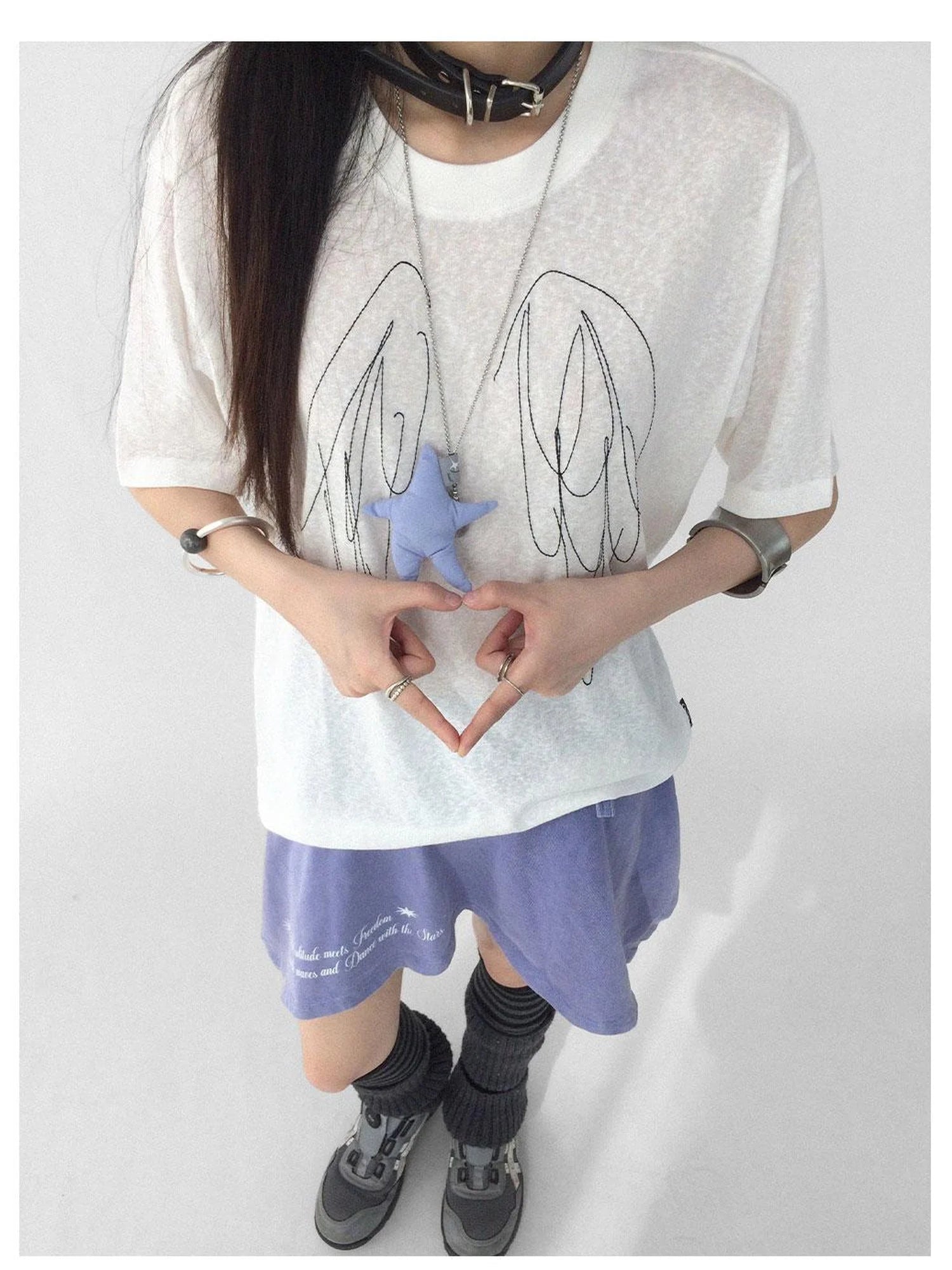 Wings Embroidered Y2K Print Layering Tee