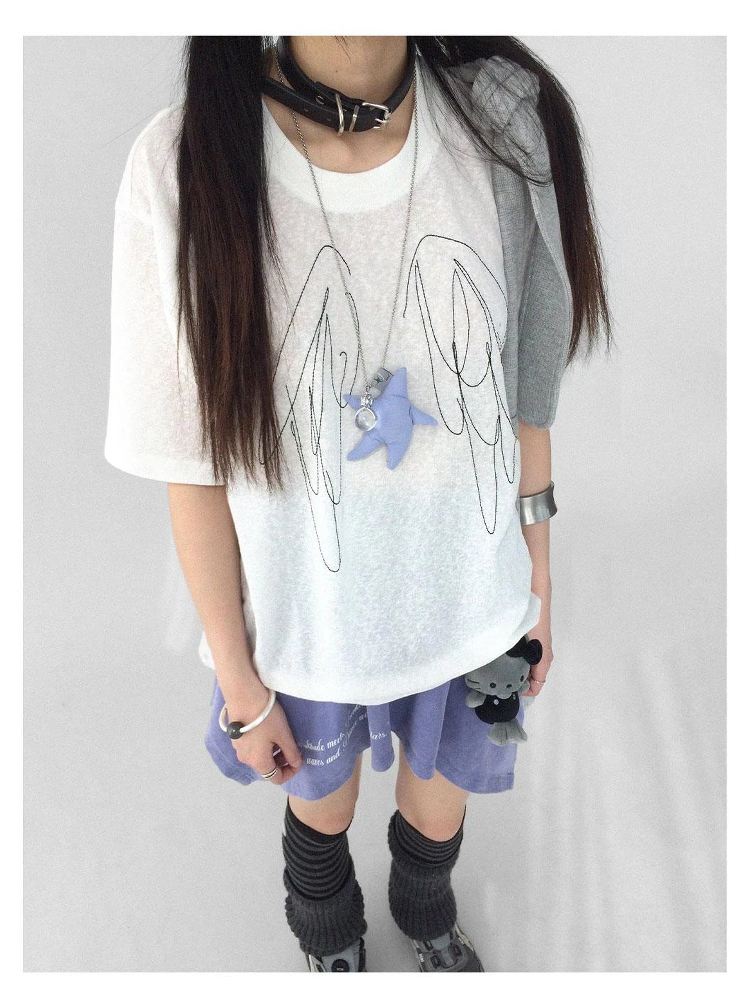 Wings Embroidered Y2K Print Layering Tee