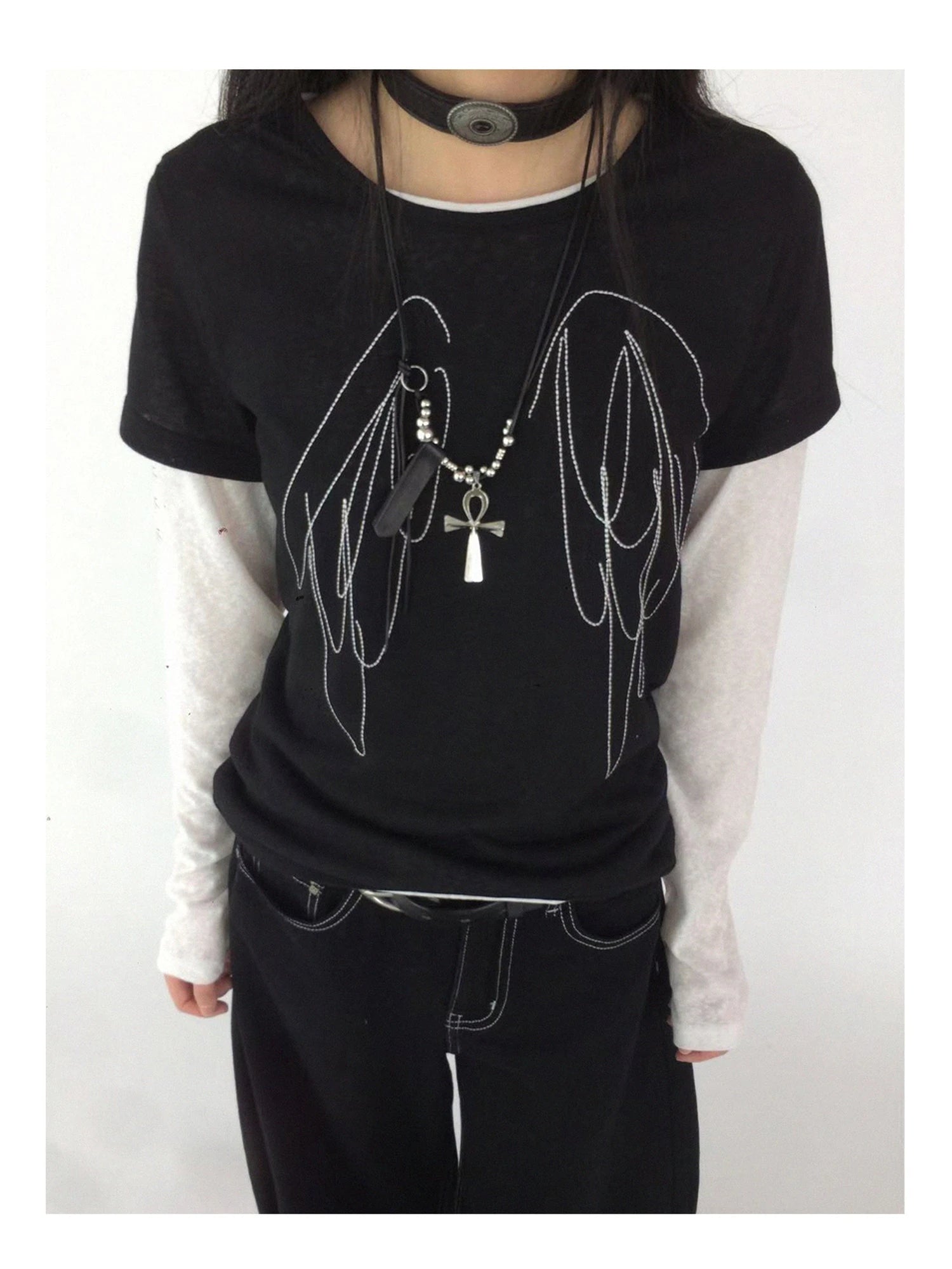 Wings Embroidered Y2K Print Layering Tee