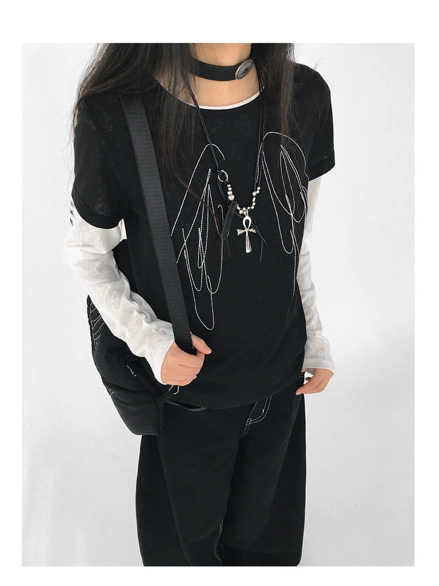 Wings Embroidered Y2K Print Layering Tee
