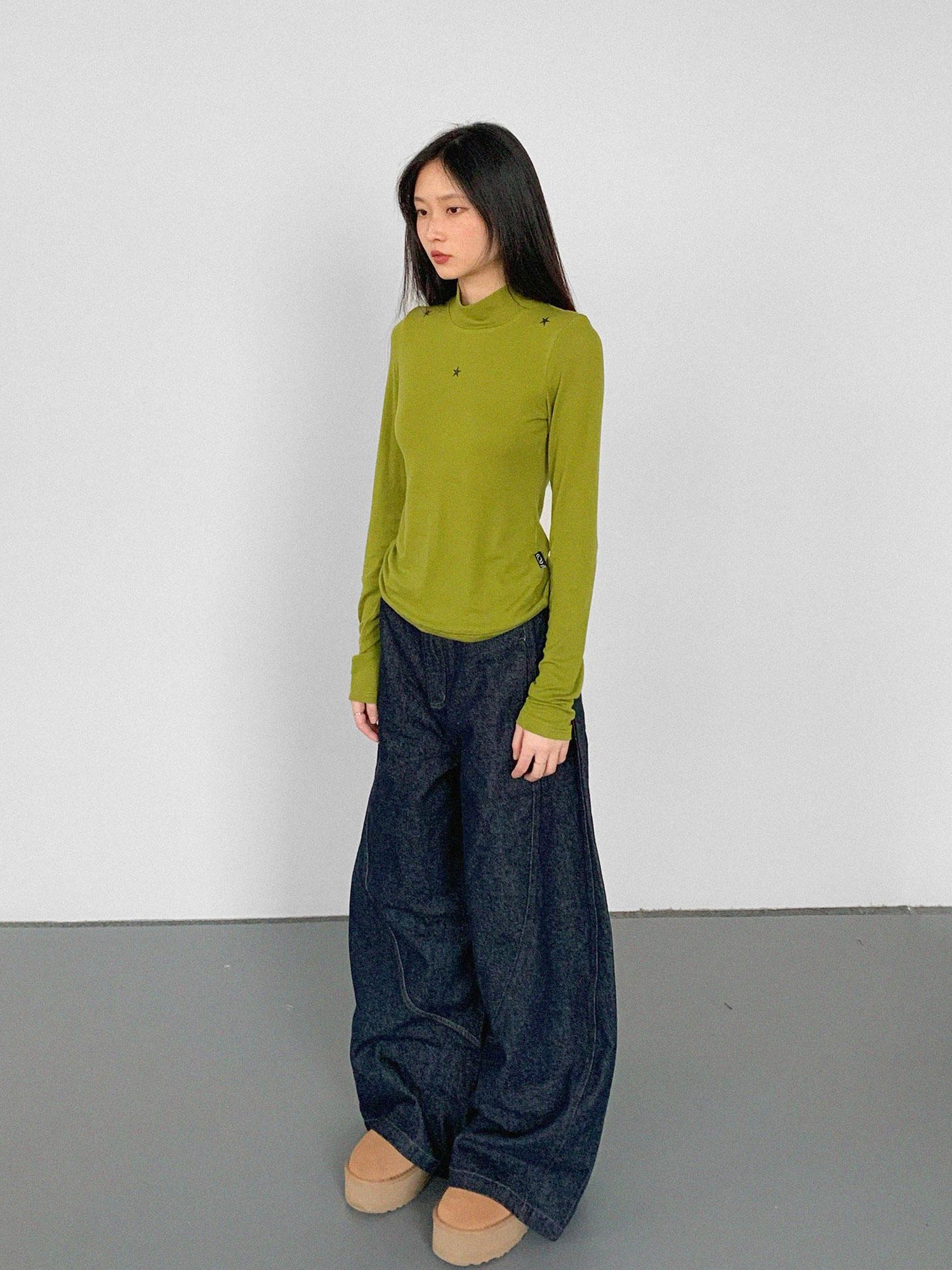 Wool Blend Star Print Mock Neck Long Sleeve Top