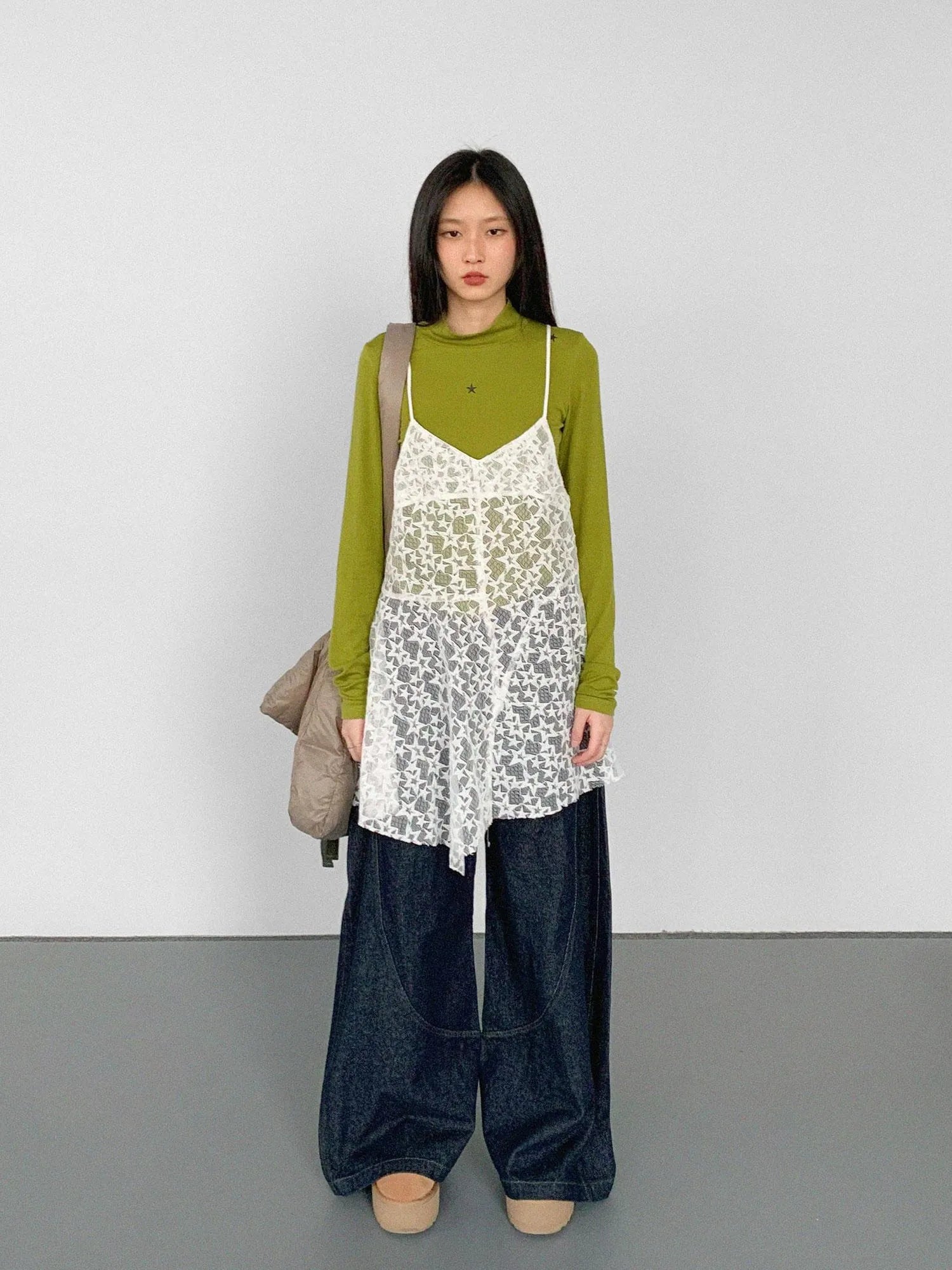 Wool Blend Star Print Mock Neck Long Sleeve Top