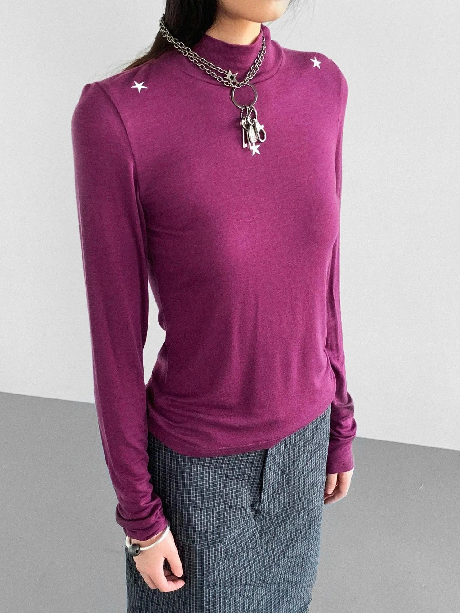 Wool Blend Star Print Mock Neck Long Sleeve Top