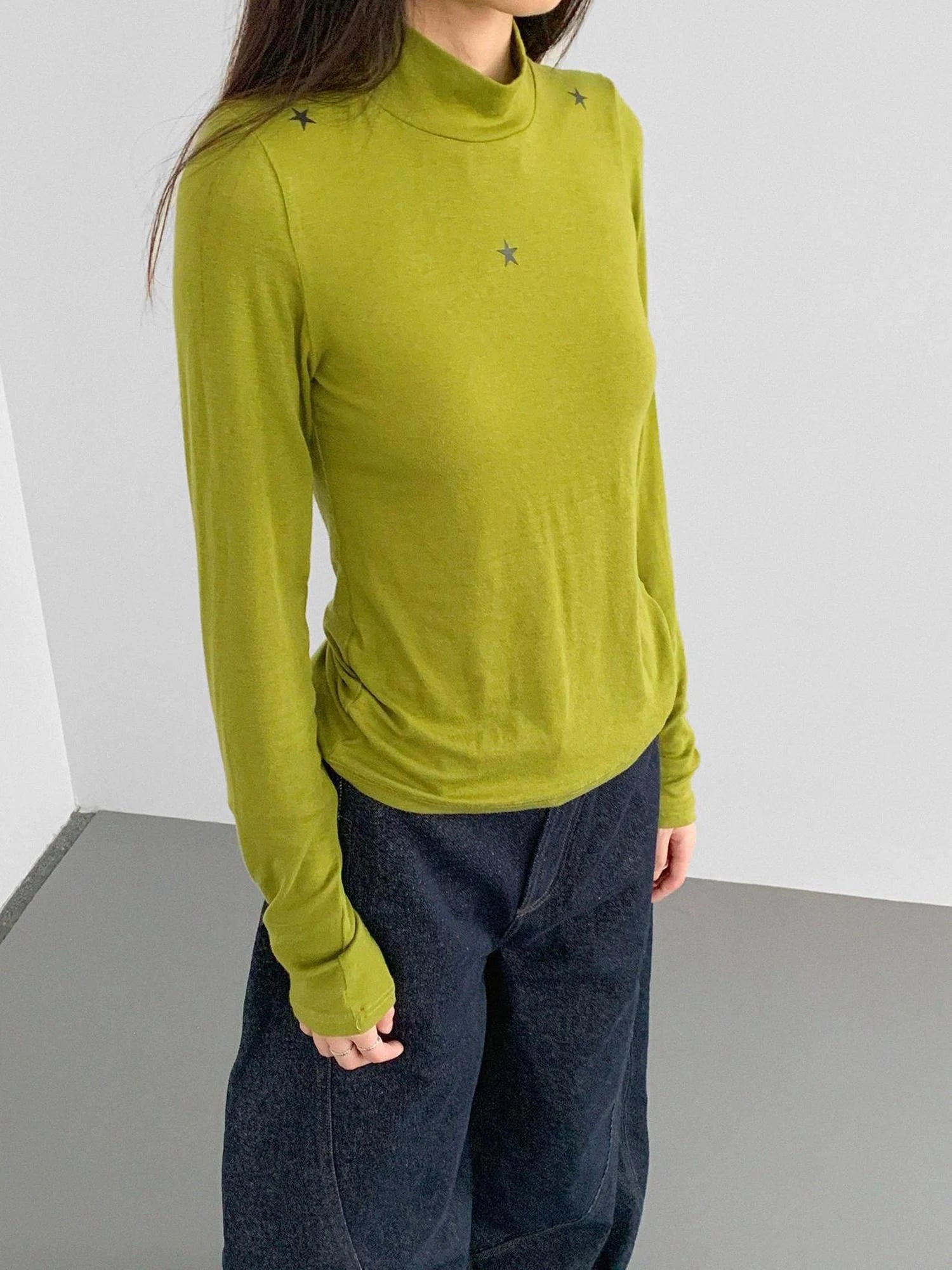 Wool Blend Star Print Mock Neck Long Sleeve Top