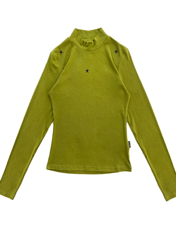 Wool Blend Star Print Mock Neck Long Sleeve Top