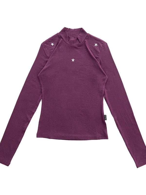 Wool Blend Star Print Mock Neck Long Sleeve Top