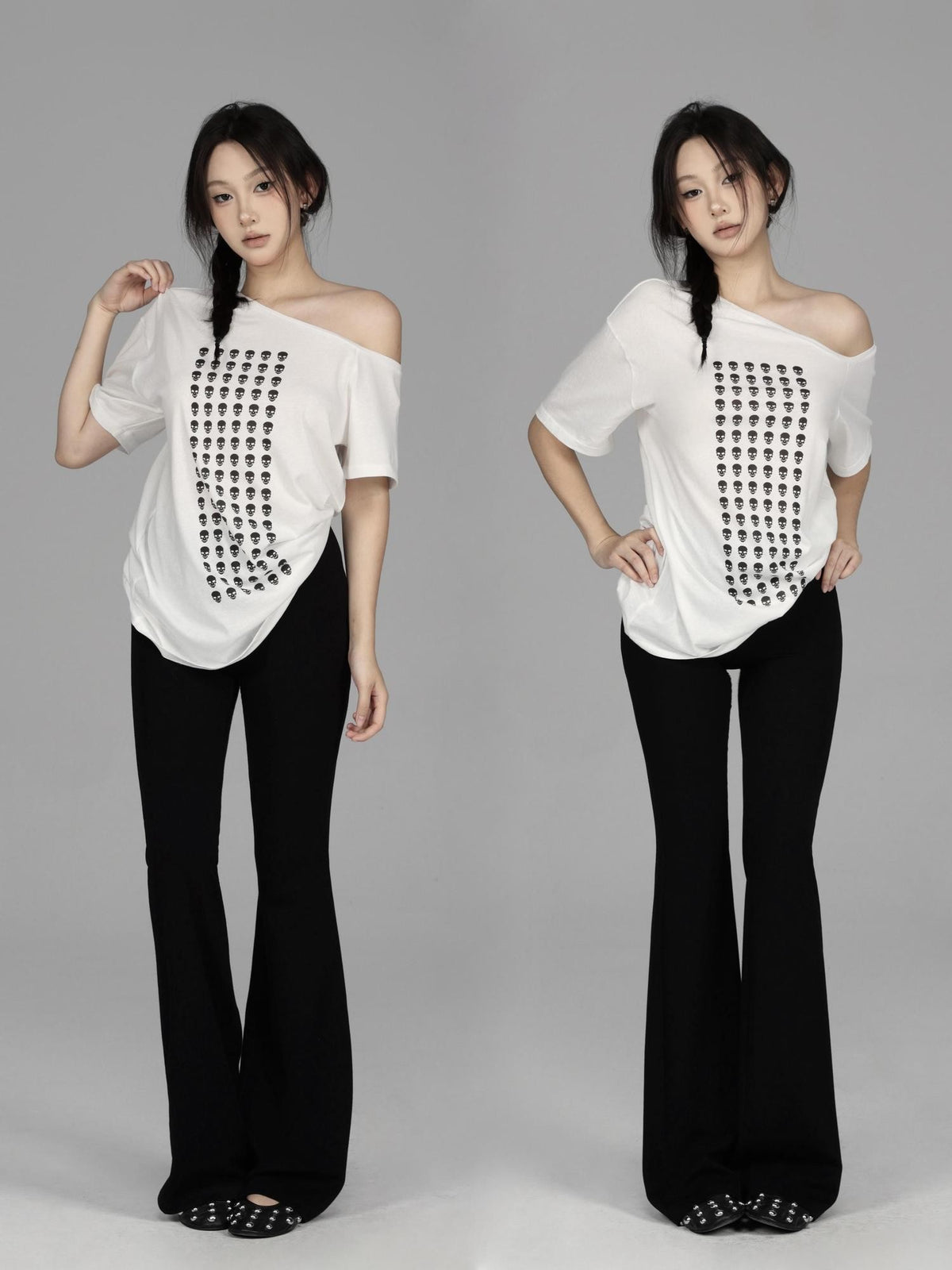 itsdinn Allover Skull Print Off Shoulder Women&