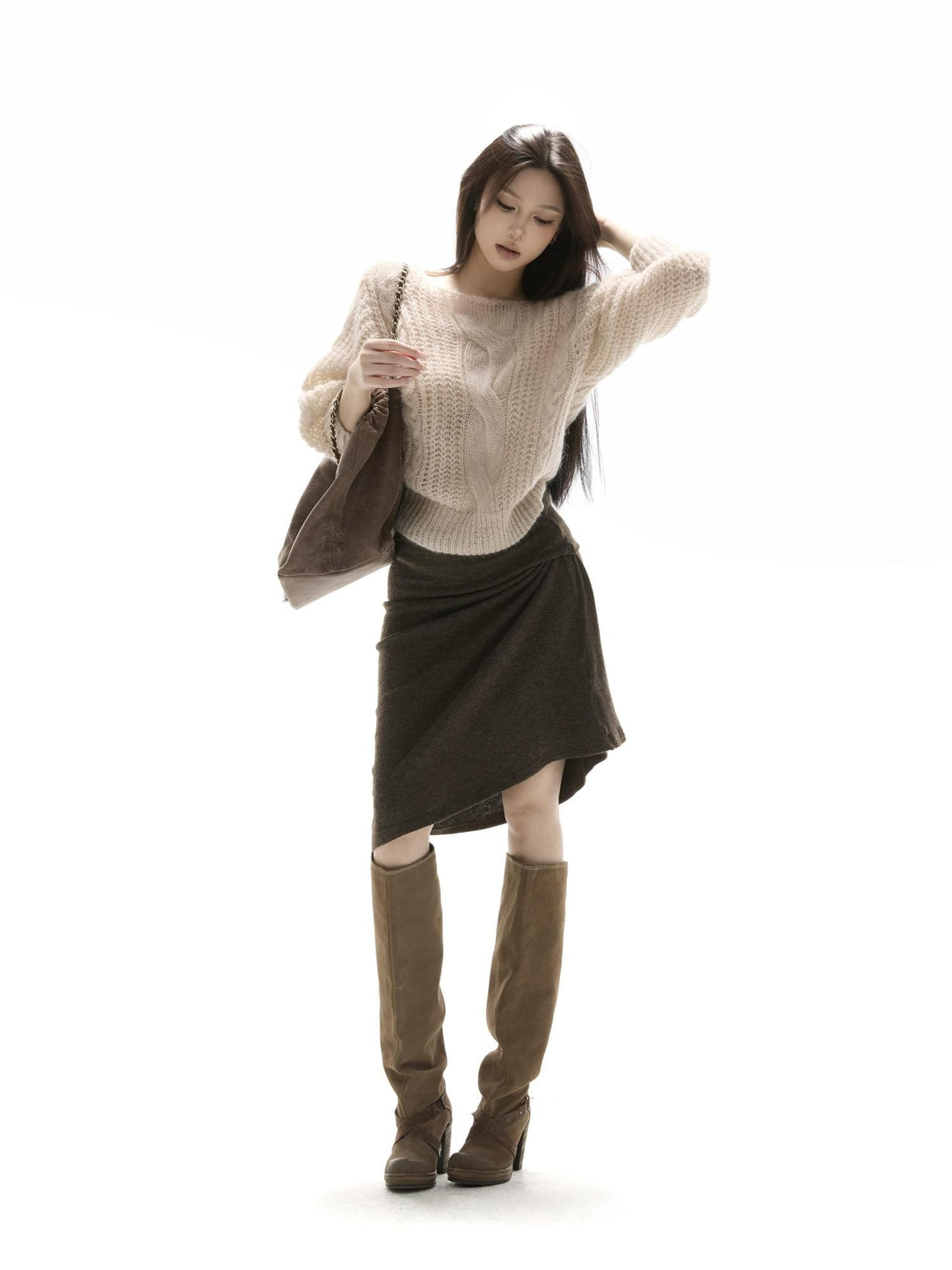 itsdinn Apricot Open Back Puff Sleeve Cable Women&