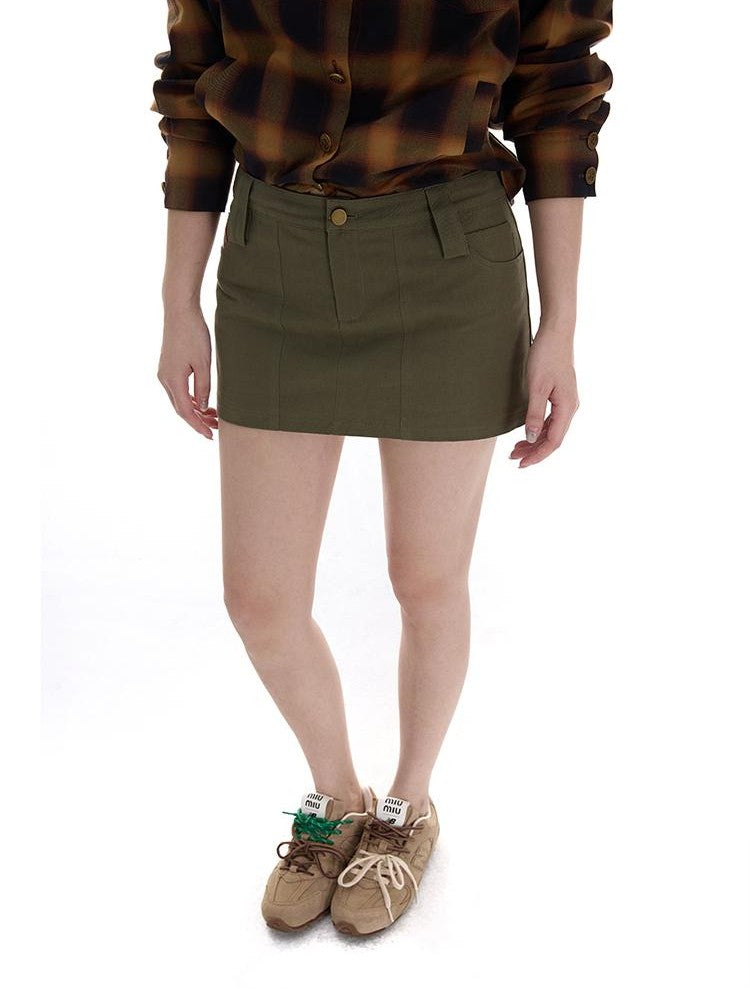 itsdinn Army Green Utility Pocket Low Waist Built In Liner Women&
