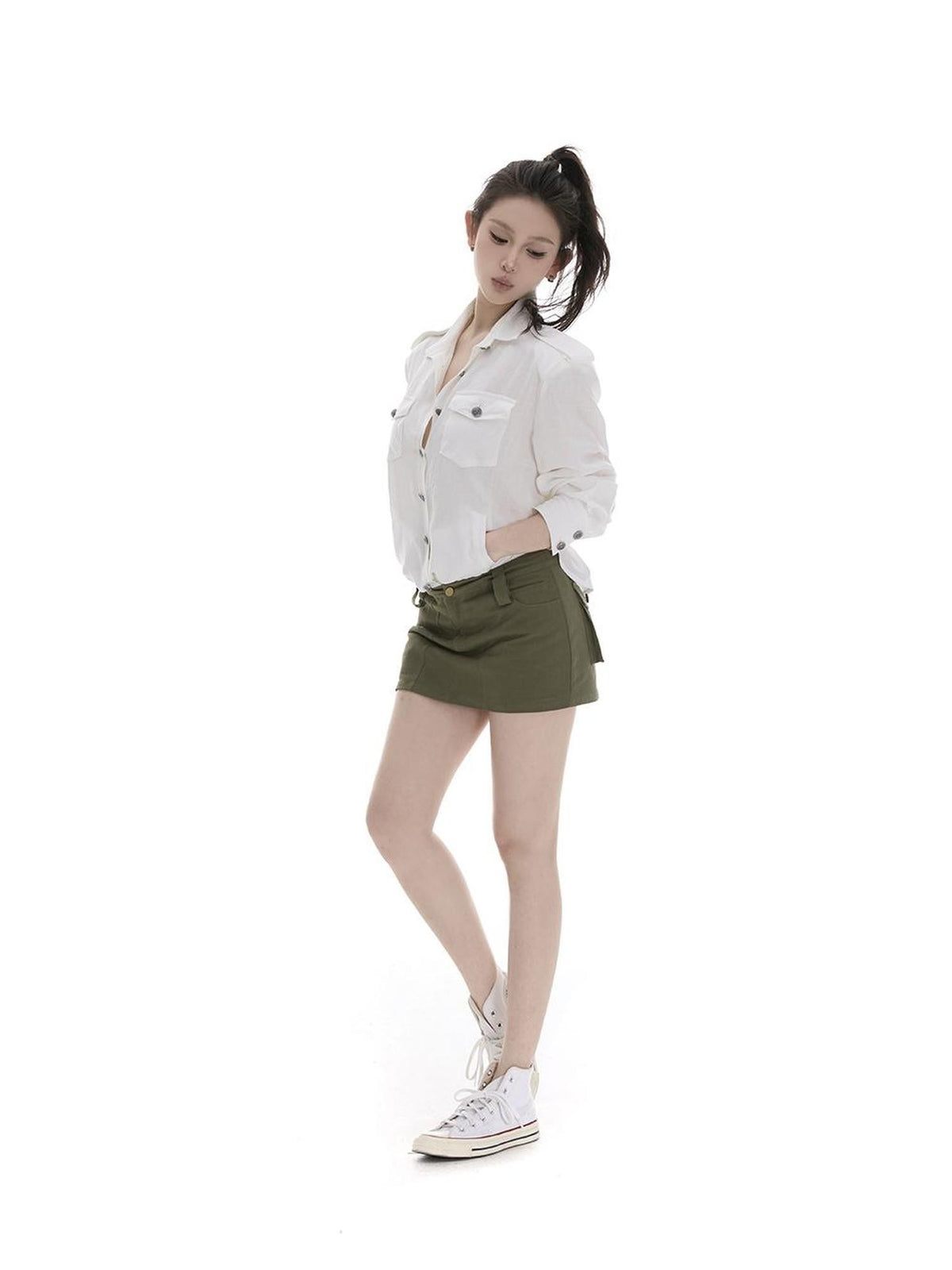 itsdinn Army Green Utility Pocket Low Waist Built In Liner Women&