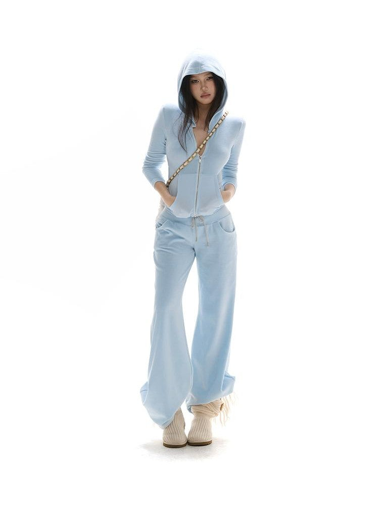 itsdinn Baby Blue Velvet Texture Slim Fit Hooded Women&