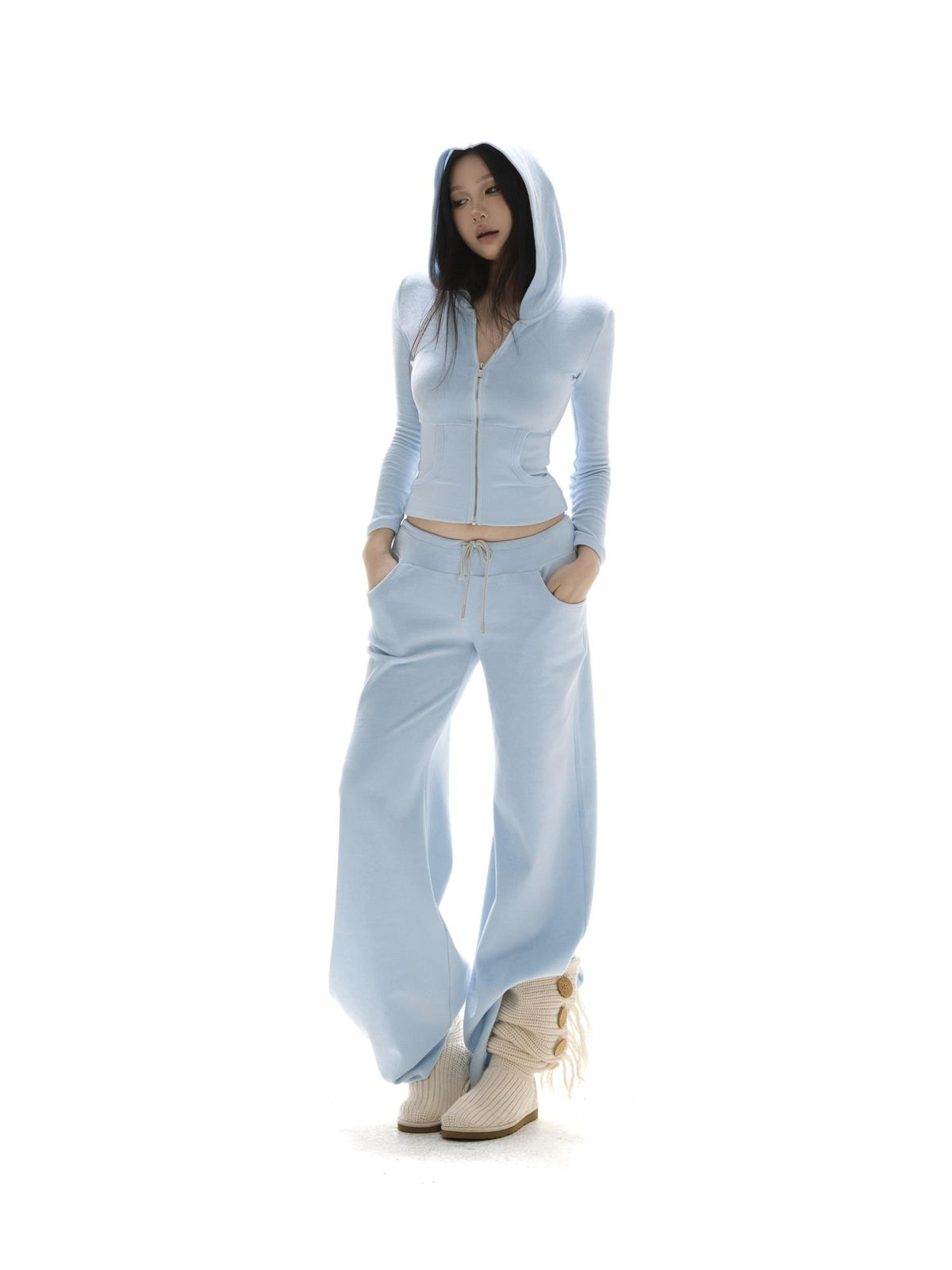 itsdinn Baby Blue Velvet Texture Slim Fit Hooded Women&