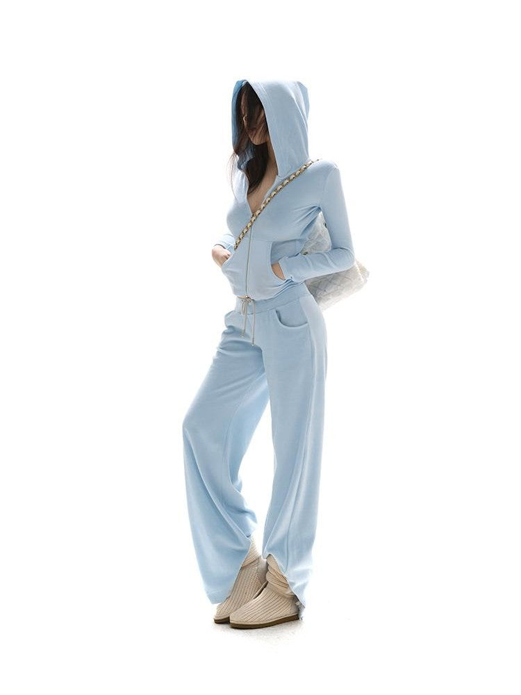 itsdinn Baby Blue Velvet Texture Slim Fit Hooded Women&