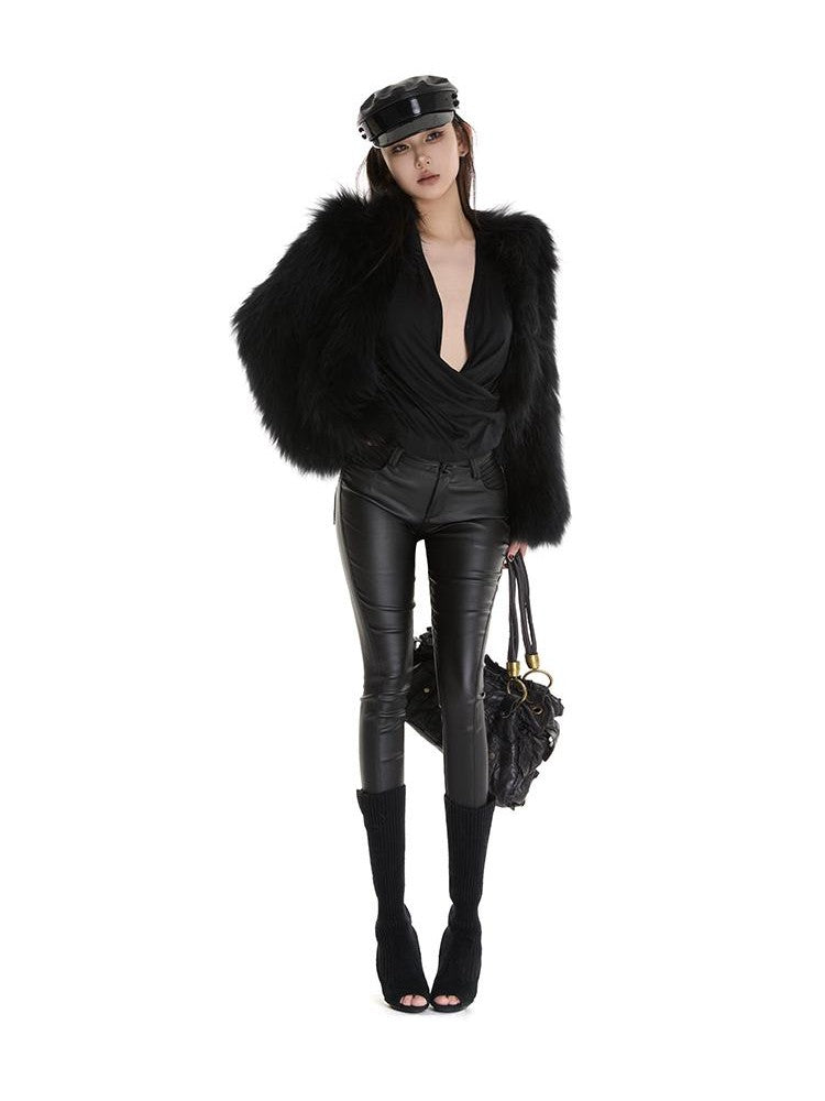 itsdinn Biker Pleated Zipper Cropped Tapered Women&