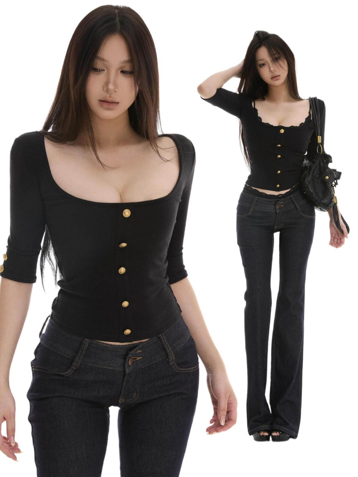 itsdinn Black Gold Waffle Square Neck Gold Buckle Women&