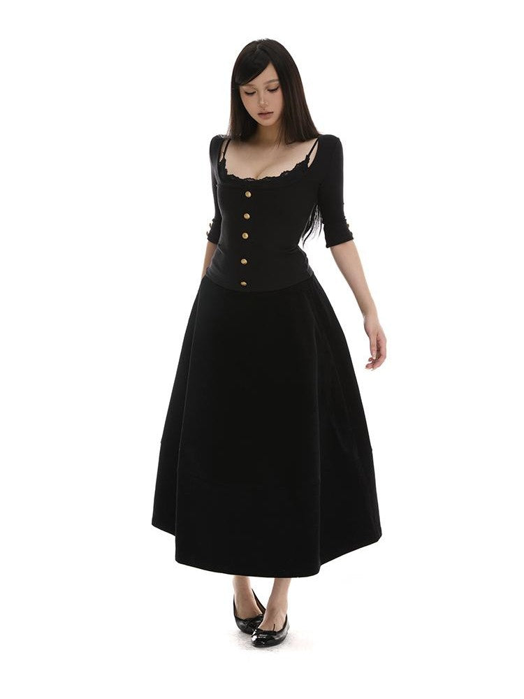 itsdinn Black Gold Waffle Square Neck Gold Buckle Women&