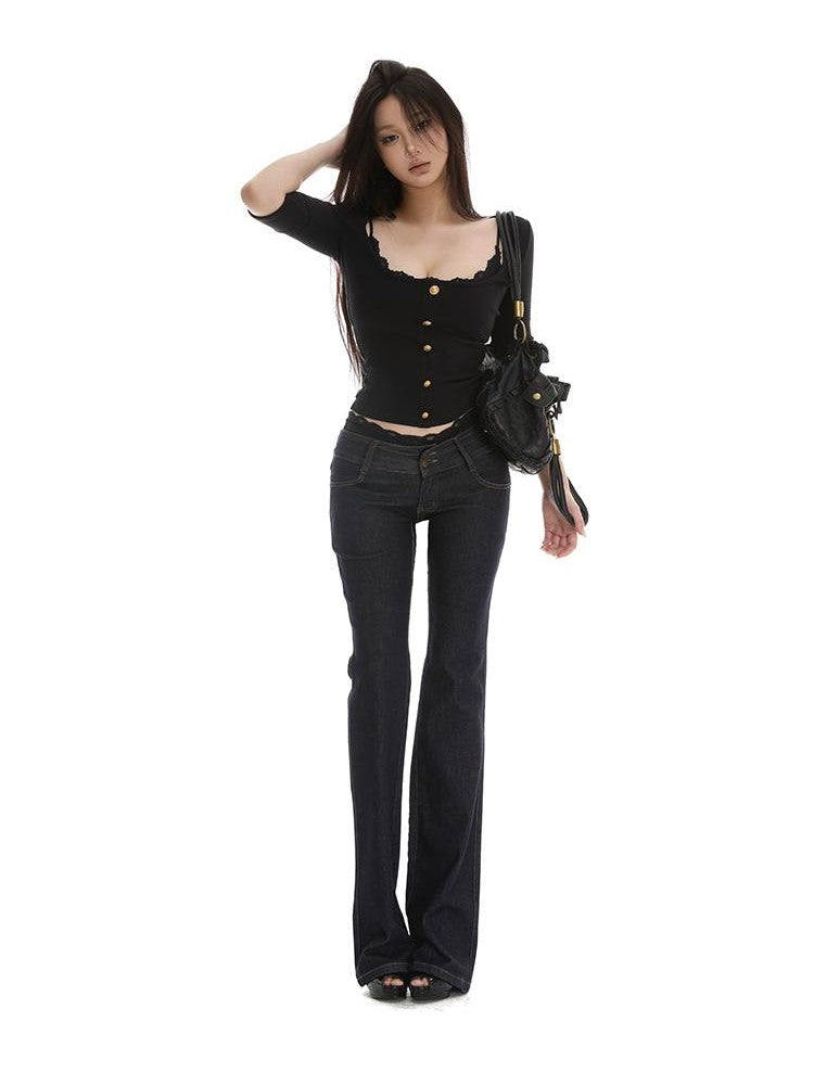 itsdinn Black Gold Waffle Square Neck Gold Buckle Women&