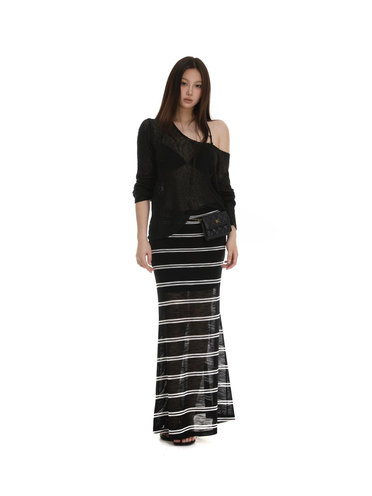 itsdinn Black White Striped Foldover Waist Fishtail Women&