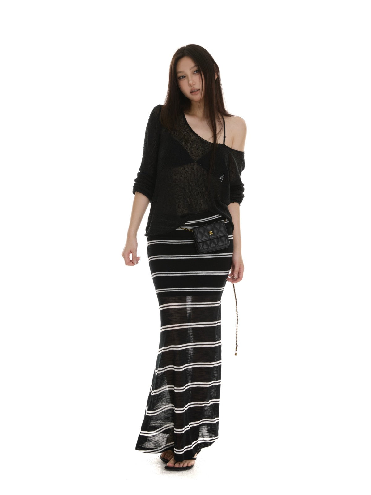itsdinn Black White Striped Foldover Waist Fishtail Women&