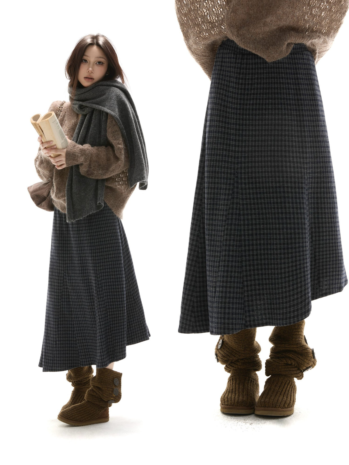 itsdinn Blue Gray Checked Asymmetric Insert Aline Elastic Waist Women&