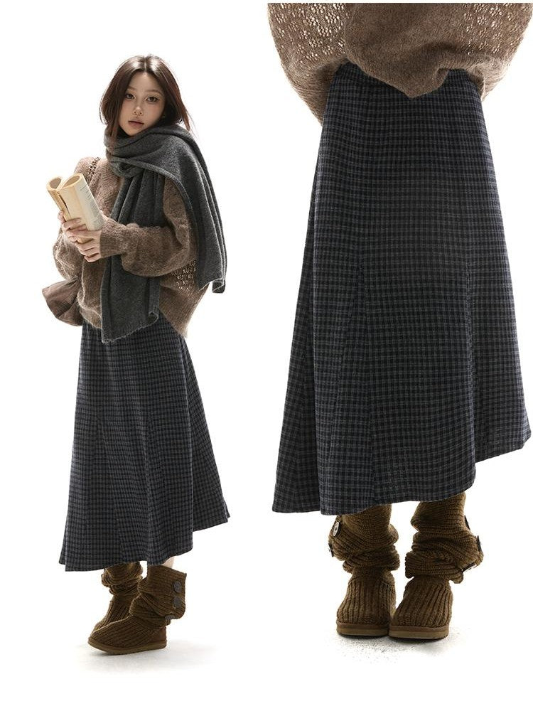 itsdinn Blue Gray Checked Asymmetric Insert Aline Elastic Waist Women&