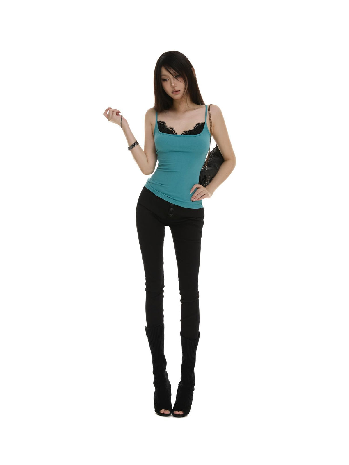 itsdinn Colorblock Square Neck Faux Two Piece Waist Slim Women&