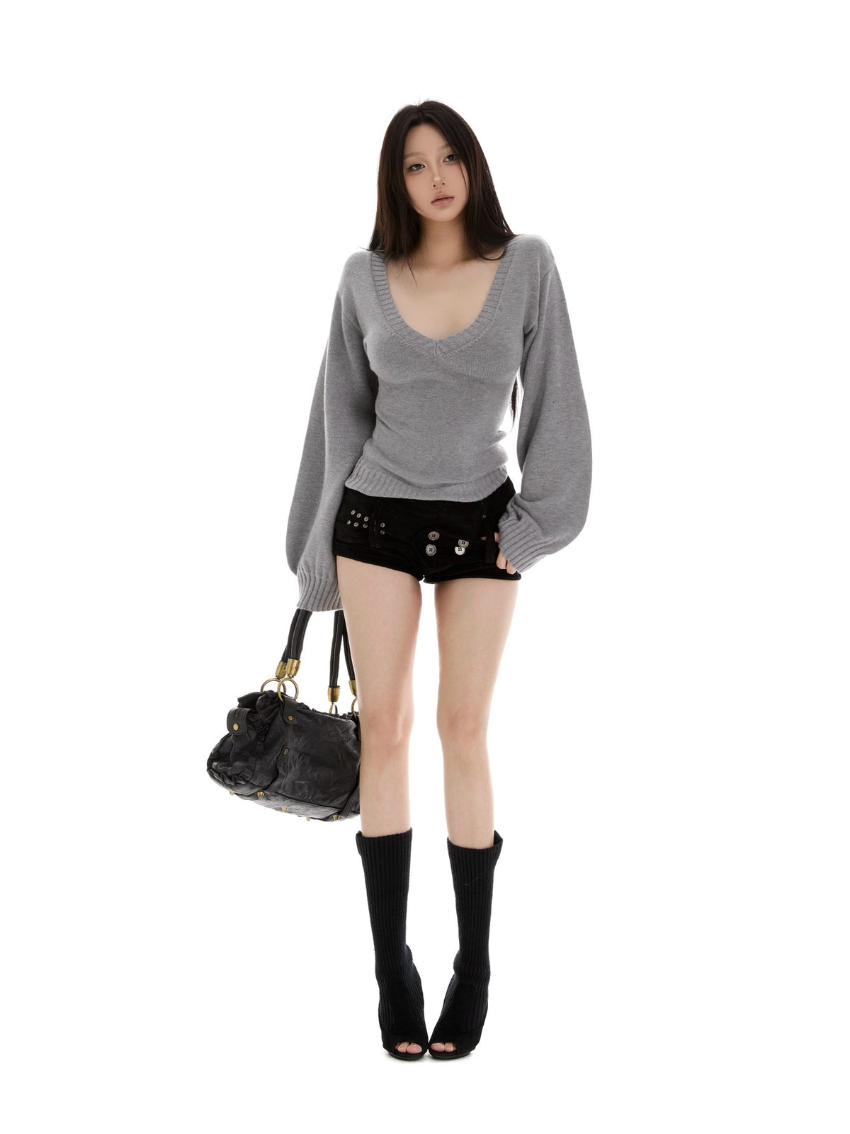 itsdinn Corduroy Wide Waistband Stud Button Low Waist Women&