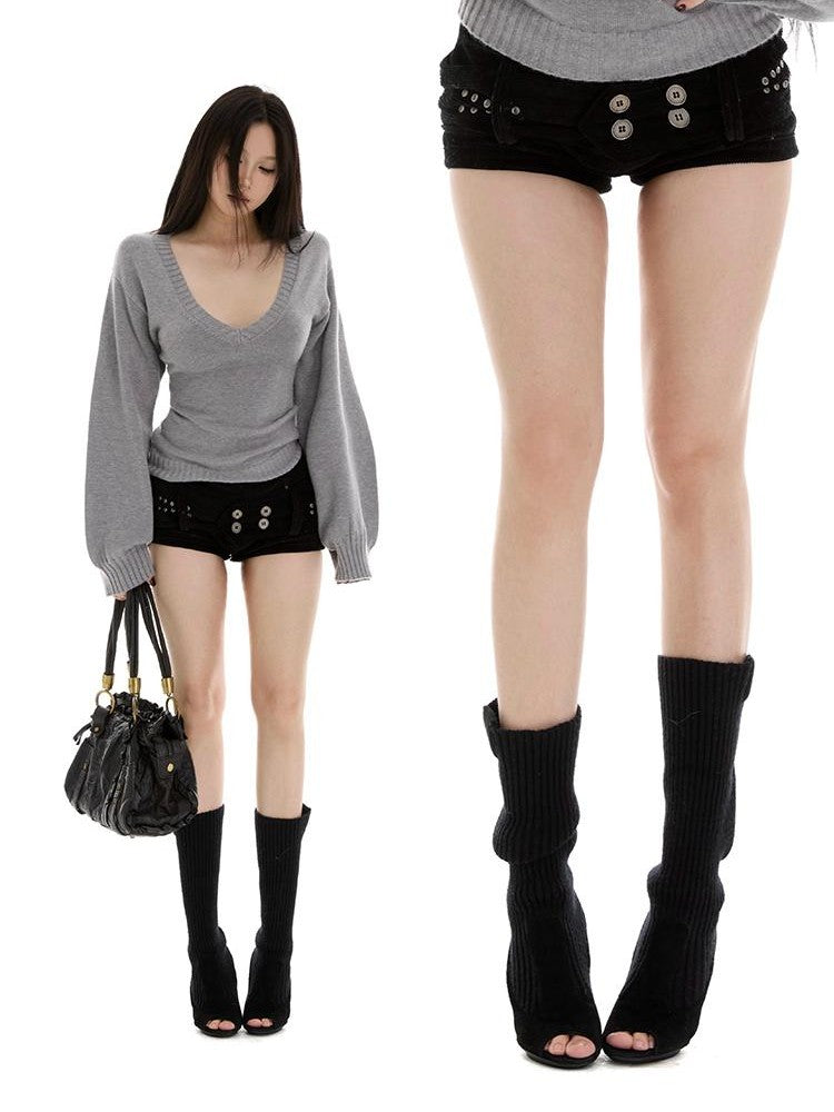 itsdinn Corduroy Wide Waistband Stud Button Low Waist Women&