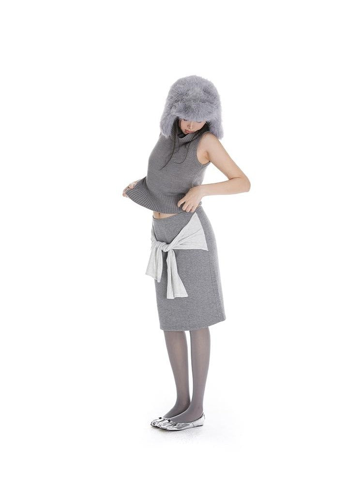itsdinn Cropped High Neck Knitted Solid Women&